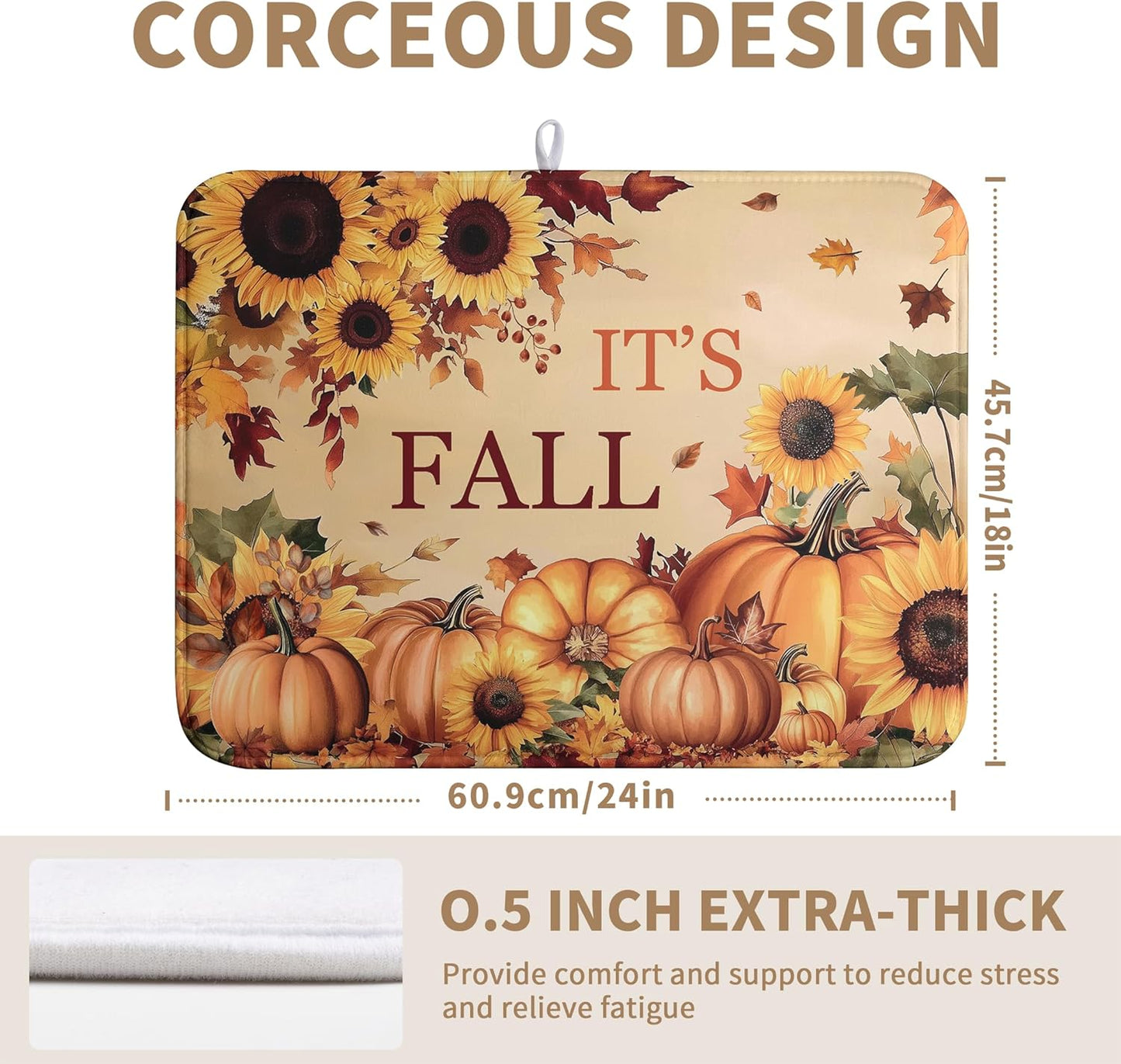 Fall Orange Pumpkins Dish Drying Mat Maple Leaves Autumn Large Kitchen Mats Dish Drying Pad Absorbent Dish Dryer Mat for Kitchen Countertops Microfiber Drainer Pad Dish Drying Mats (18x24 in)