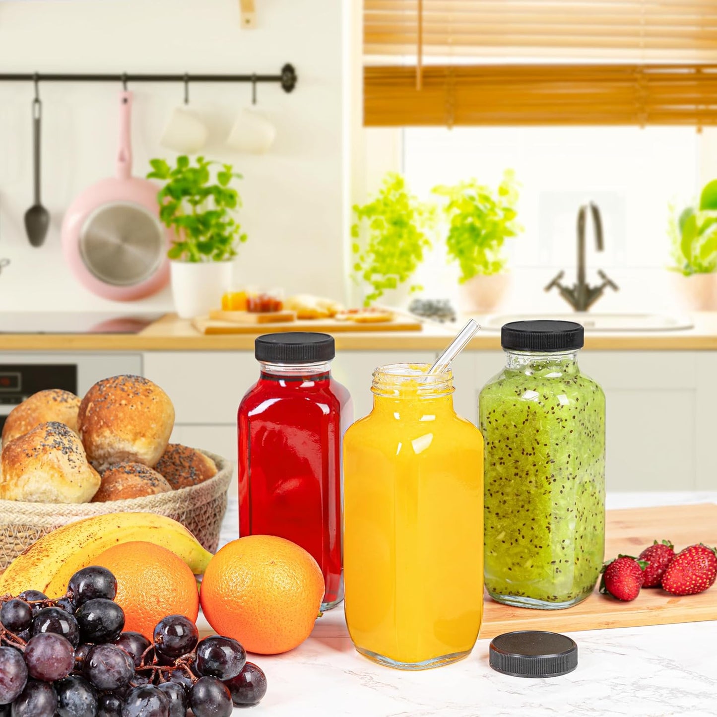 Juice Bottles with Lids, 16 Oz - Set of 20 - Clear Glass Jars with Caps - Reusable Empty Drink Containers for Juicing, Smoothies, Water, Milk, Kombucha Storage, Wellness Shots and More (20)