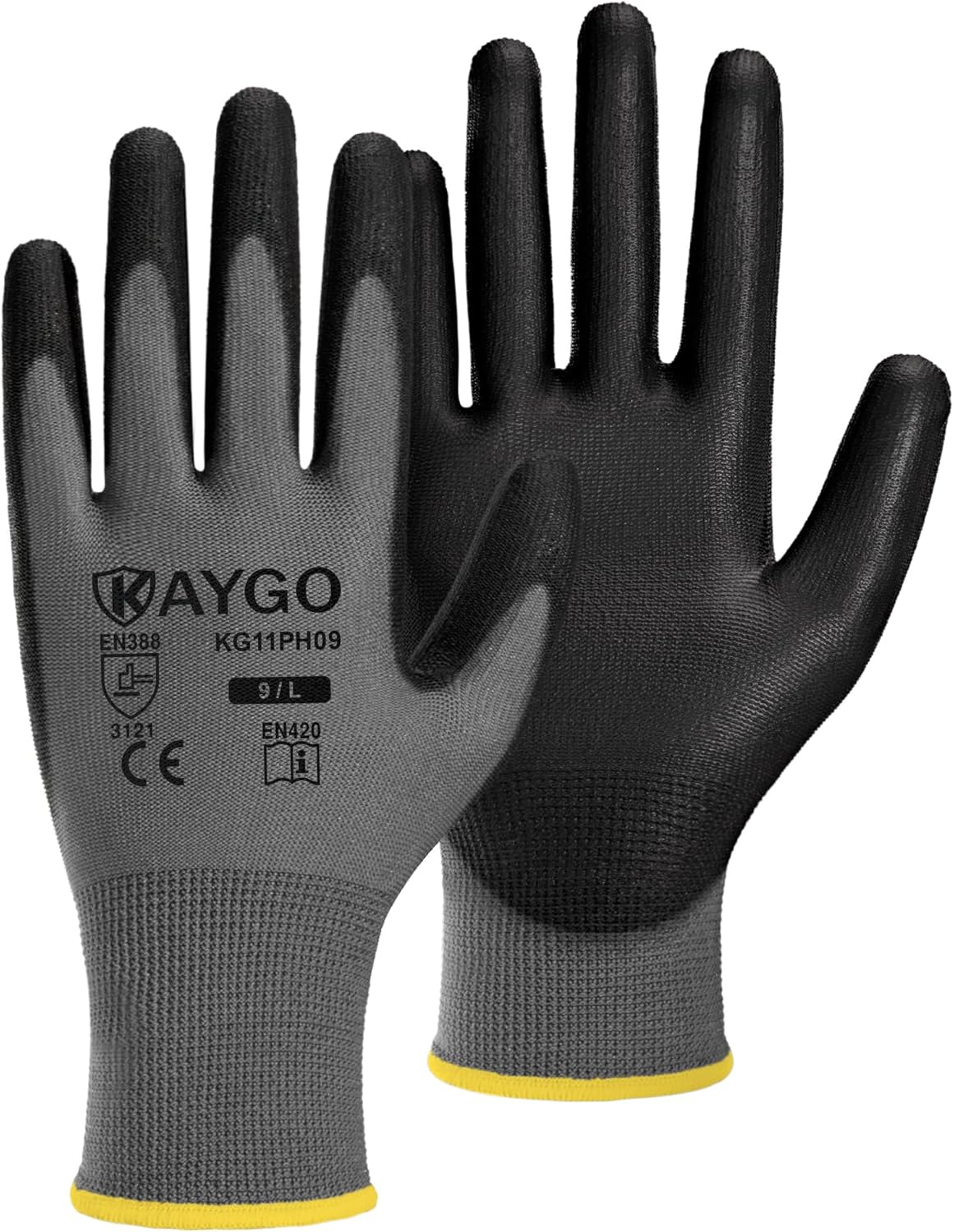 KAYGO Safety Work Gloves PU Coated, 60 Pairs KG11PB, Seamless Knit Glove with Polyurethane Coated Smooth Grip on Palm & Fingers, for Men and Women (Large, Gray)