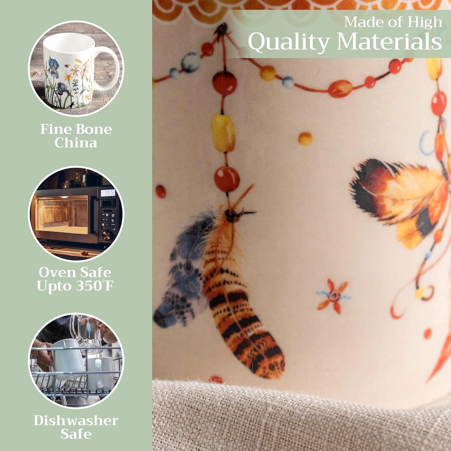 Maison d' Hermine Coffee Mug with Handles Fine Bone China Mugs Pack of One Tea Cups for Hot Beverages Cappuccino Latte Home Restaurant Office Perfect for Gift (Ibiza - Beige - Feather, 12 Ounce)