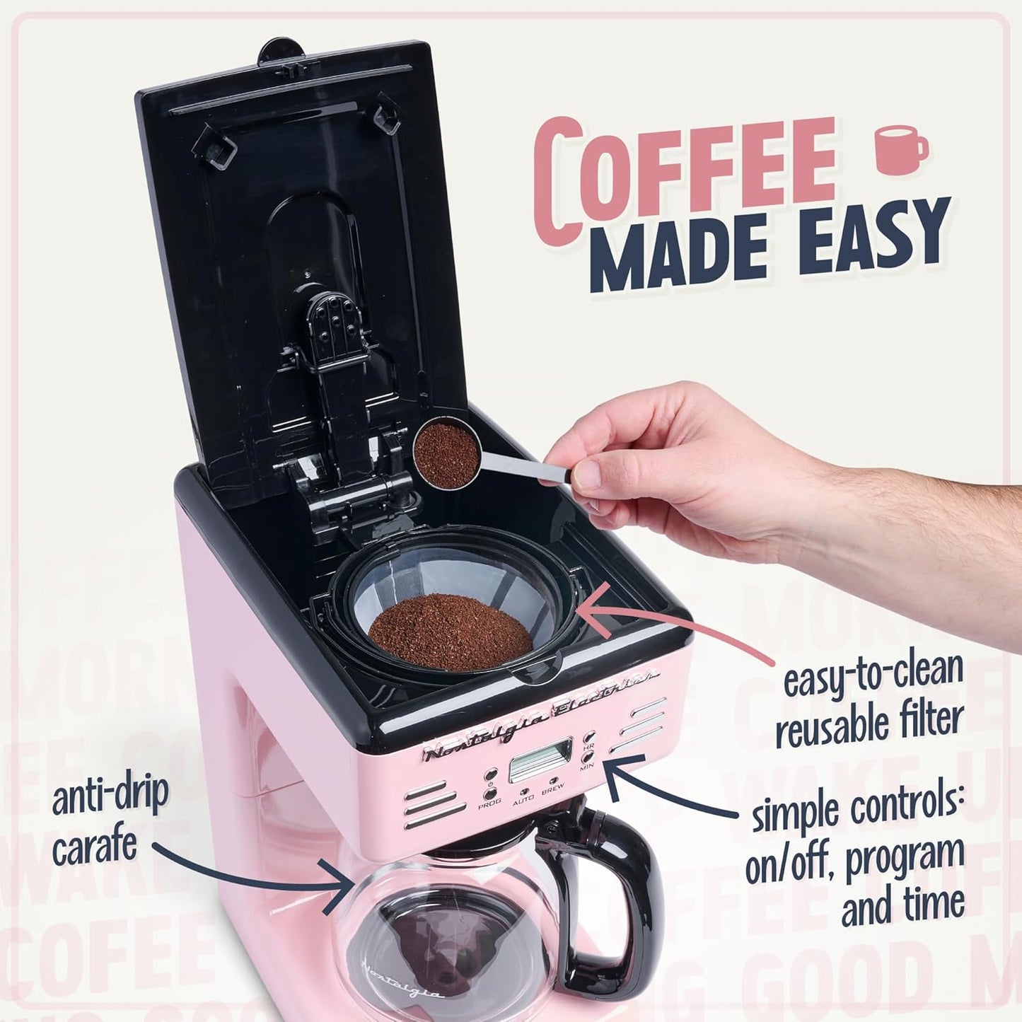 Nostalgia Retro 12-Cup Programmable Coffee Maker With LED Display, Automatic Shut-Off & Keep Warm, Pause-And-Serve Function, Pink