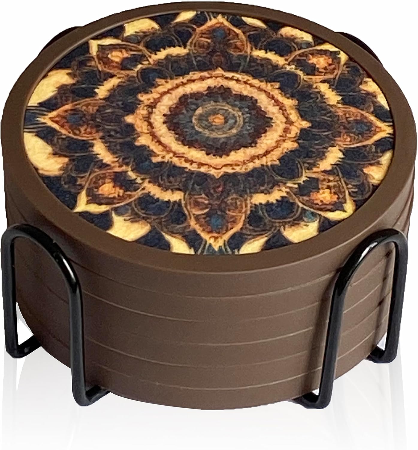 Absorbent Coasters for Drinks with Holder - 6packs, Silicone Coaster with Soft Felt Insert (4.3 inch Coasters with 4.5 inch Holder, Dual-Sided Mandala -Themed Patterns)