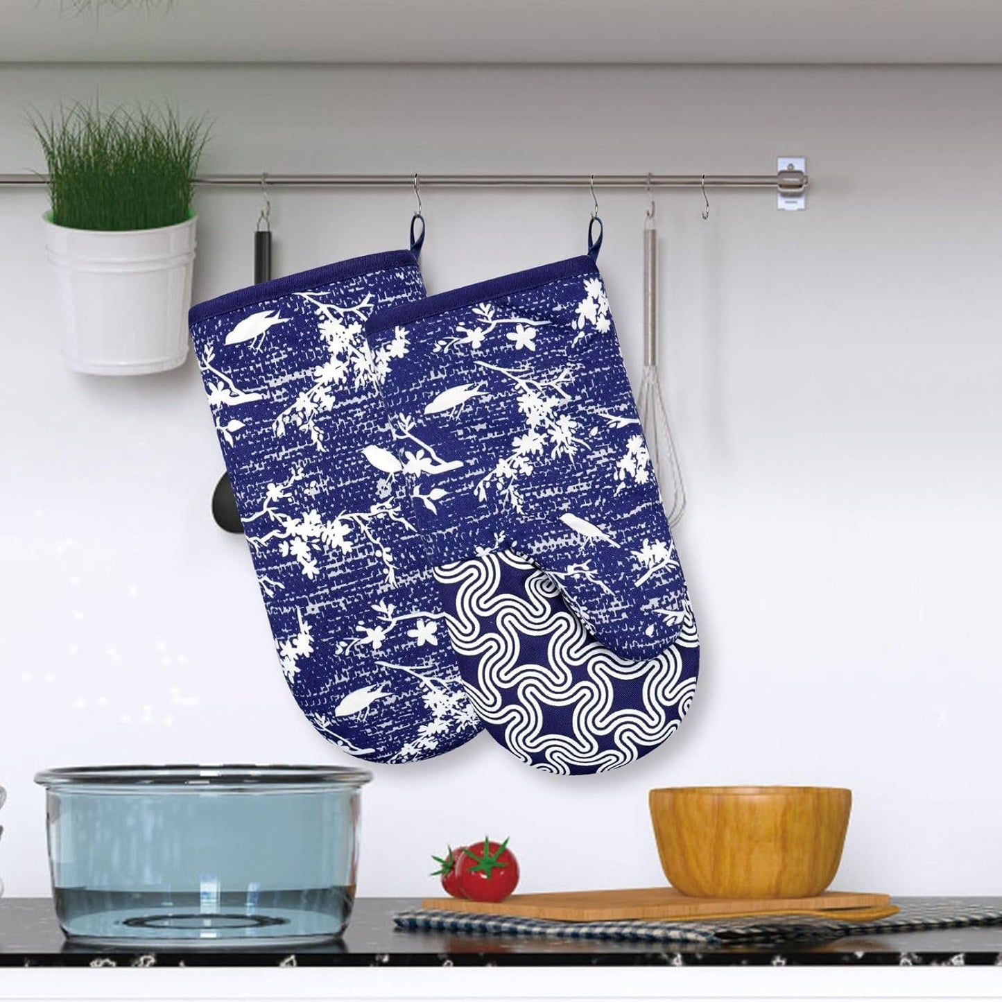 Thumb Oven Mitts, Heat and Slip Resistant Silicone Kitchen Mittens 2-Pack Set, Birds Flower Soft Long Oven Gloves, Flexible Thick Potholders for Safe Baking Cooking and Grilling (Navy)