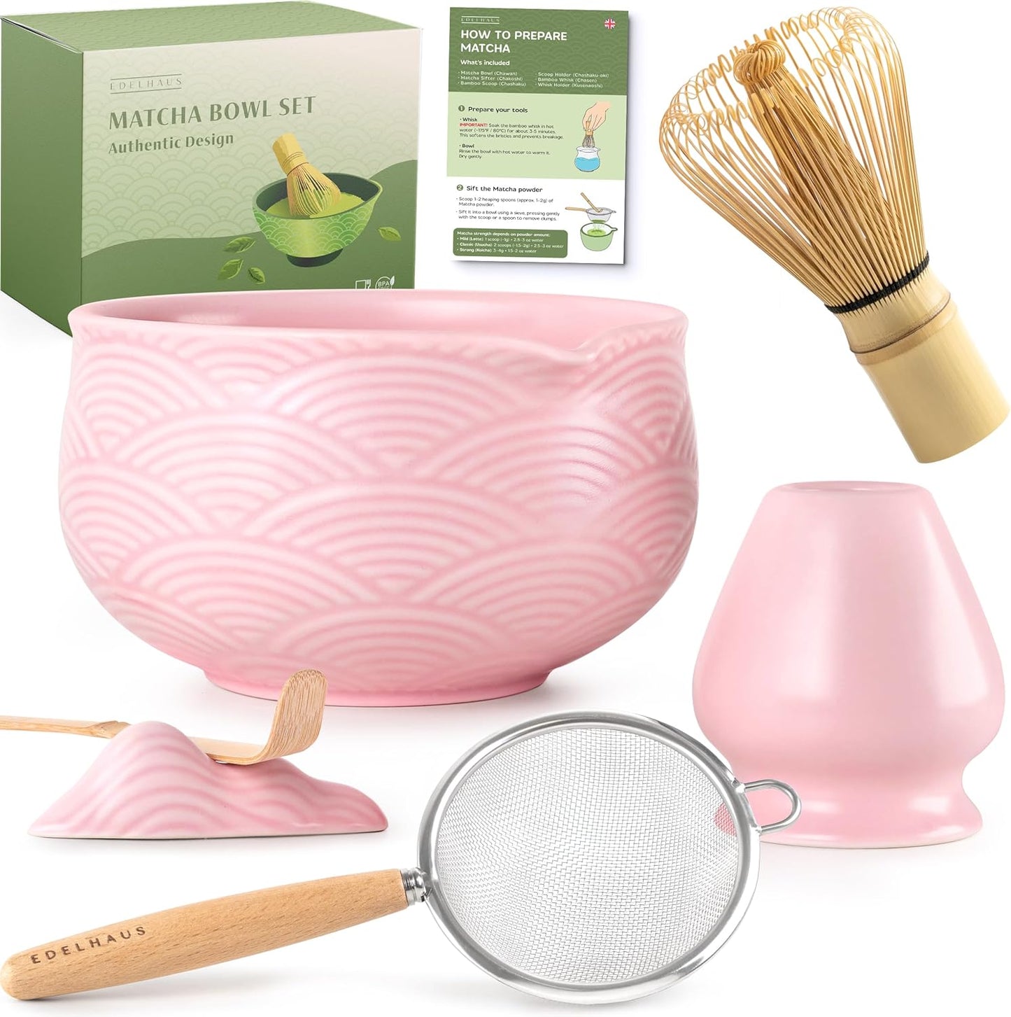 Matcha Whisk Set (7 Pcs) - Complete Matcha Set, Matcha Bowl with Spout, Whisk with Holder, Bamboo Scoop with Rest and Sifter, Perfect Kit for Matcha Lovers (Sakura Pink)