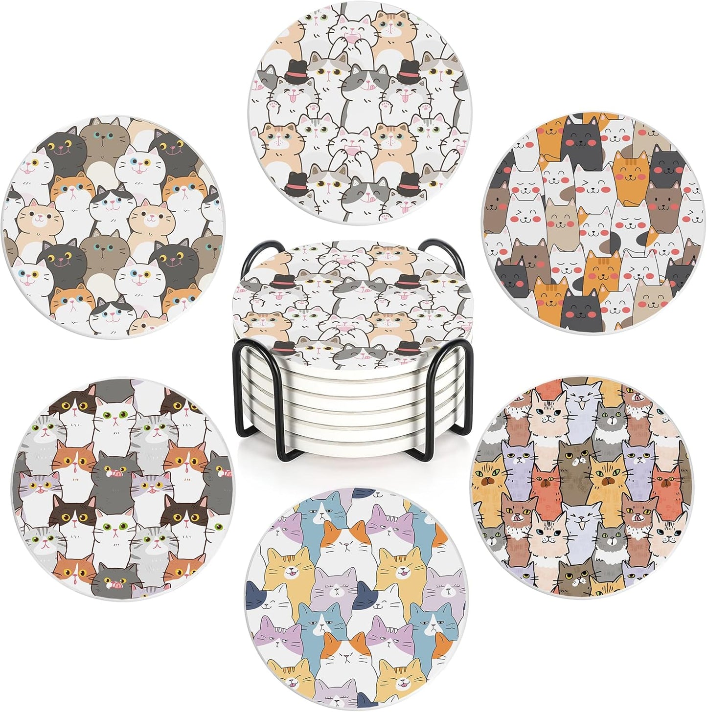 Drink Coasters Set of 6 with Holder, Cute Cats Absorbent Ceramic Coasters with Cork Base,Fit All Cups,Great Gift for Housewarming,Room Decor,Bar,Holiday Party