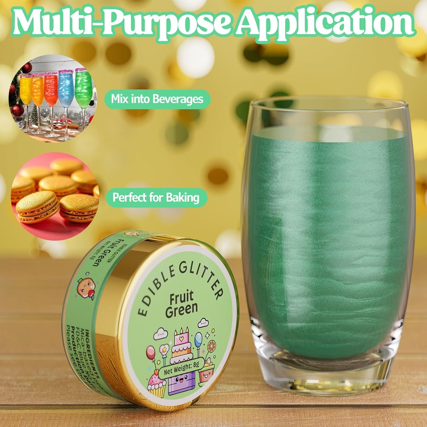 Nomeca Edible Glitter for Drinks Cakes, 8 grams Food Grade Luster Dust Sprinkles Glitter for Cake Decorations, DIY Cocktails, Beverages & Cake Decorating, Dessert Cake Topper (11-Fruit Green)