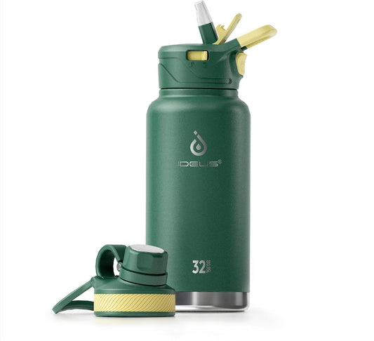 IDEUS Insulated Stainless Steel Water Bottle with 2 Leak-Proof Lids, Thermal Water Flask for Hiking Biking, 32oz, Green