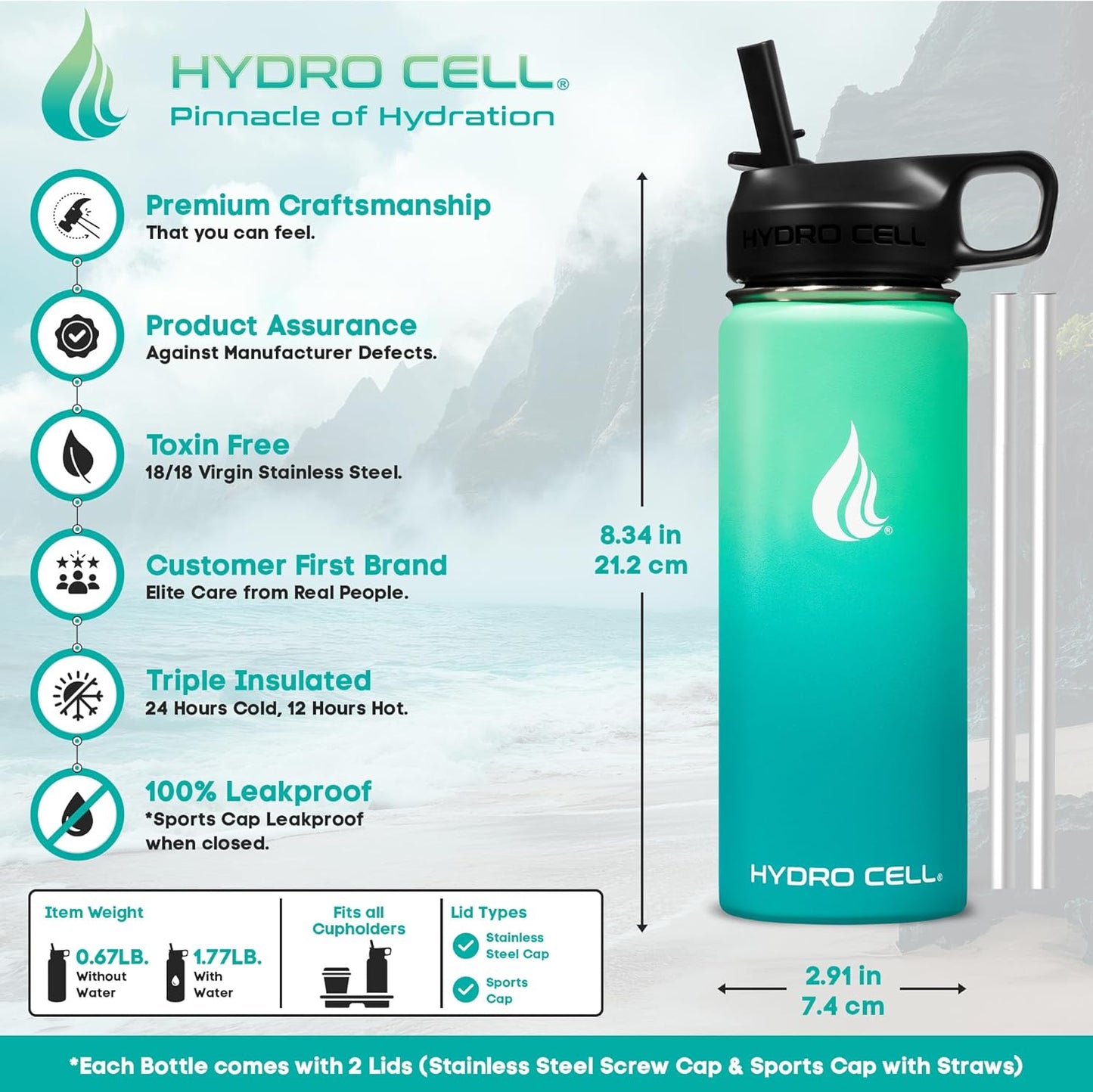 HYDRO CELL Stainless Steel Insulated Water Bottle with Straw - For Cold & Hot Drinks - Metal Vacuum Flask with Screw Cap and Modern Leakproof Sport Thermos for Adults (Mint/Green 18oz)