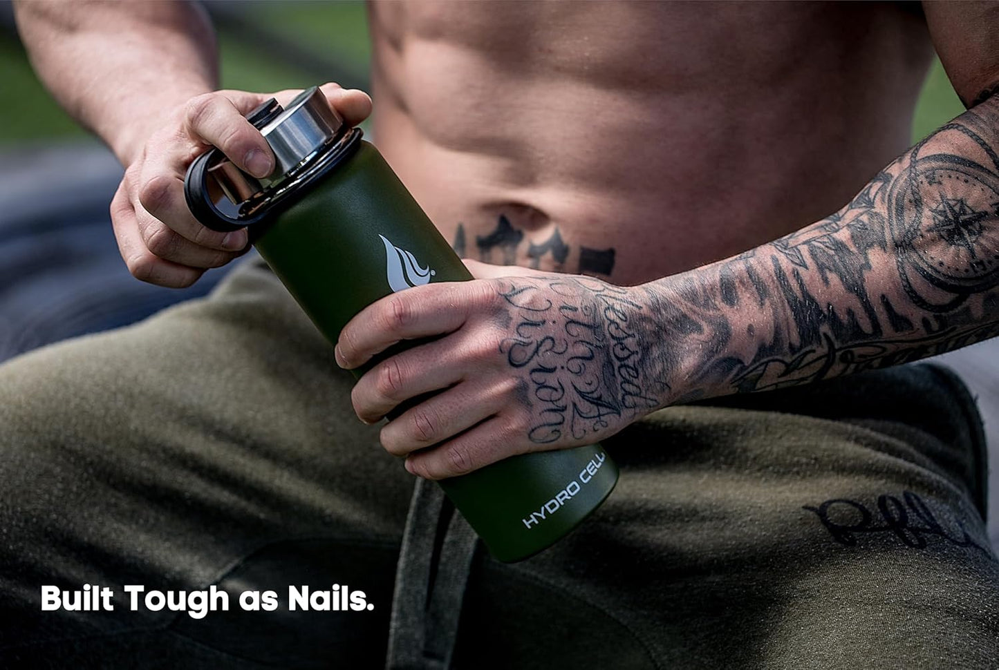 HYDRO CELL Stainless Steel Insulated Water Bottle with Straw - For Cold & Hot Drinks - Metal Vacuum Flask with Screw Cap and Modern Leakproof Sport Thermos for Adults (Army 24oz)