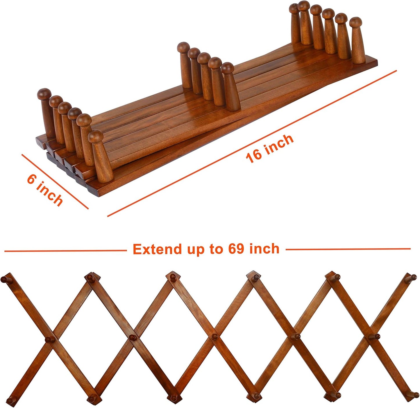 Dseap Accordian Wall Hanger: 16” High Wooden Wall Expandable Coat Rack, Hat Rack Holder, Accordion Hook for Baseball Caps, Coats, Mugs, 17 Peg Hooks, Brown