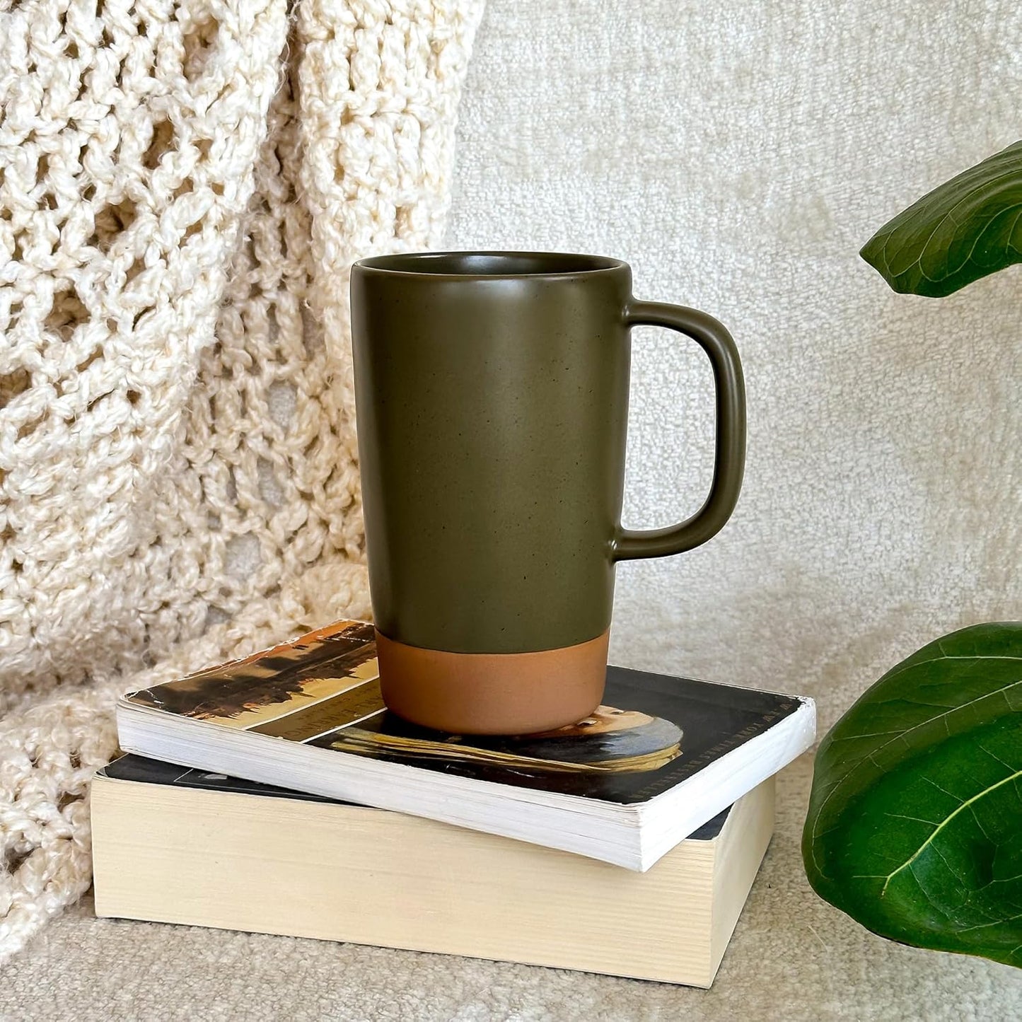 Mora Ceramics Large Tea Mug with Loose Leaf Infuser and Ceramic Lid, 18 oz, Portable, Microwave and Dishwasher Safe, Tall Coffee Cup - Rustic Matte Ceramic Glaze, Modern Herbal Tea Strainer, Olive