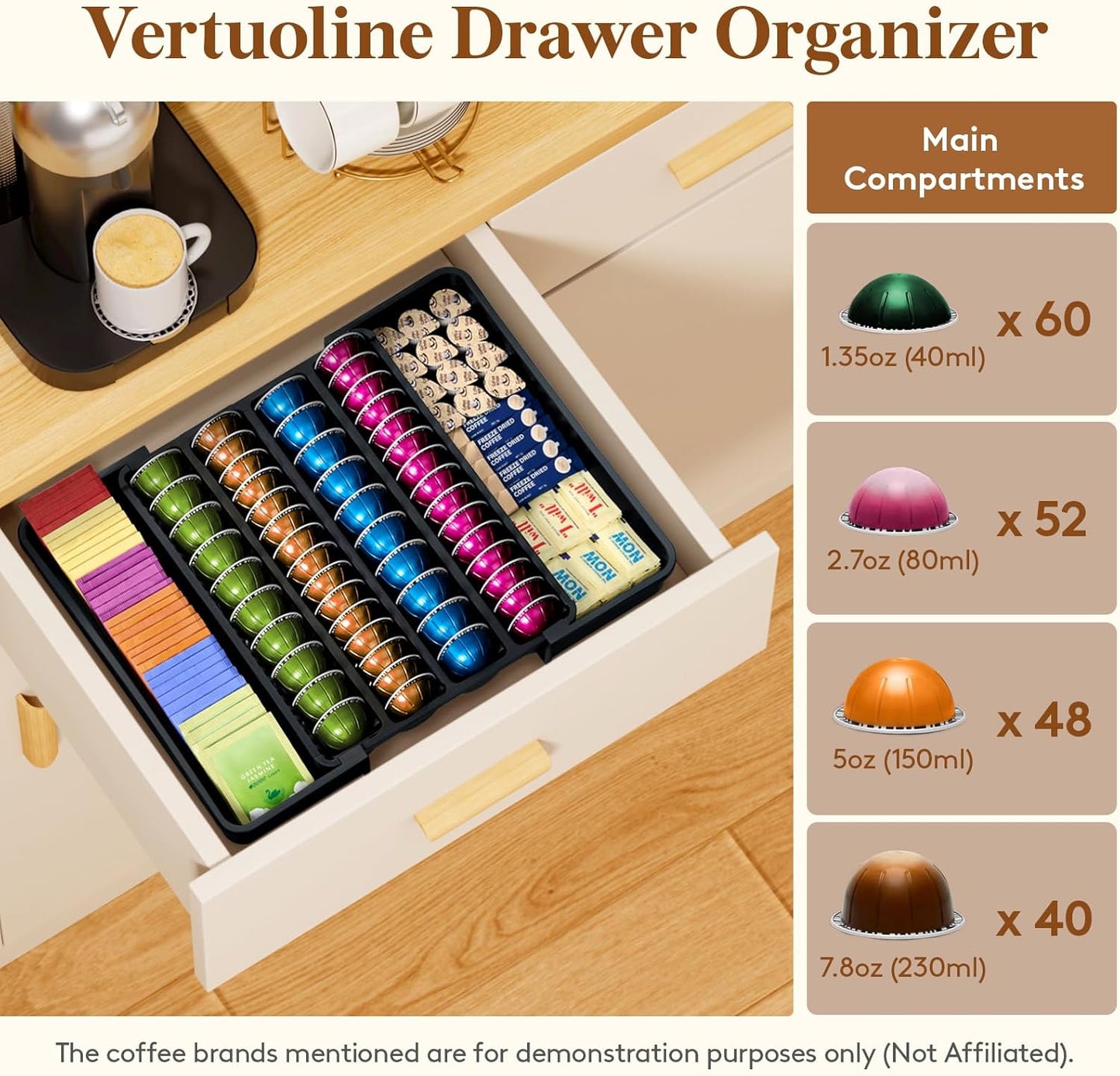 Lifewit Coffee Pod Holder Drawer Organizer, Expandable Coffee Pods Storage Drawers Insert for Tea Bags, Bar Organizer Compatible with K Cup, Nespresso OriginalLine, VertuoLine Capsules Black