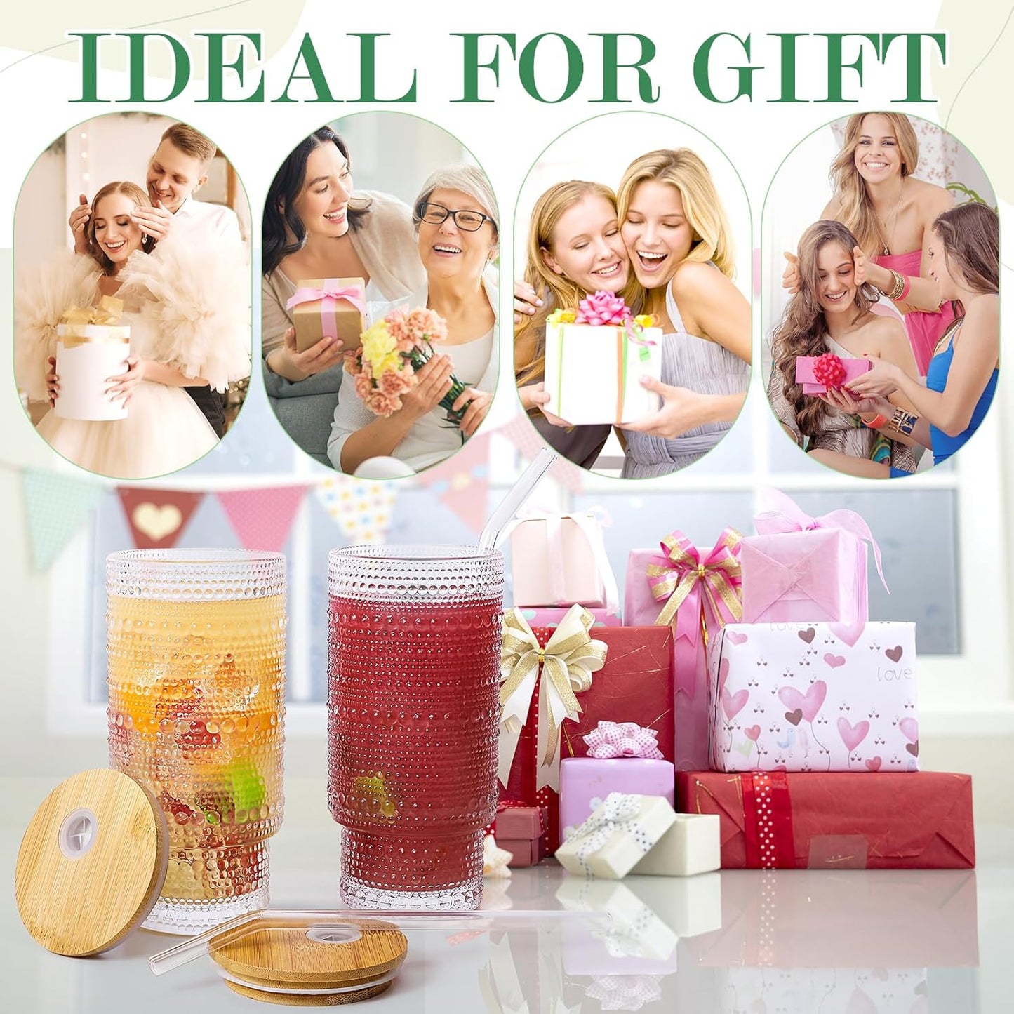 16 Oz Glass Cups with Lids and Straws, Vintage Embossed Glassware for Whiskey Cocktail Beer, Iced Coffee Cup with Lid, Glass Tumbler (2 PACK)