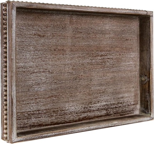 Wooden Decorative Tray, Rectangular Serving Tray with Wood Bead, Farmhouse Big Tray for Ottoman, Countertop, Coffee Tabl, 16.5" x 13"x 1.6" (Retro Brown)