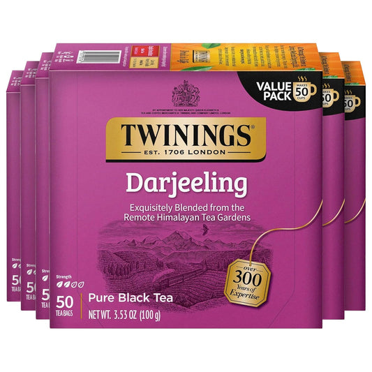 Twinings Darjeeling Black Tea Individually Wrapped Bags, 50 Count (Pack of 6), Delicate Light Taste, Caffeinated, Enjoy Hot or Iced, 300 Teabags