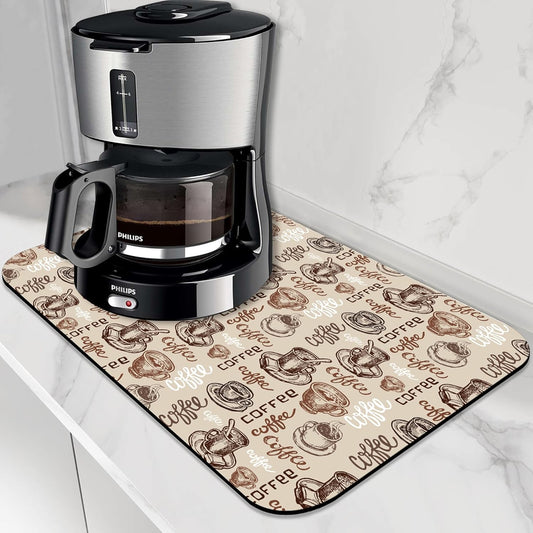 Doodle Coffee Cup Dish Drying Mat,12"X19" Absorbent Fast Dish Drying Mat for Kitchen Counter Pot and Pan, Kitchen Accessories