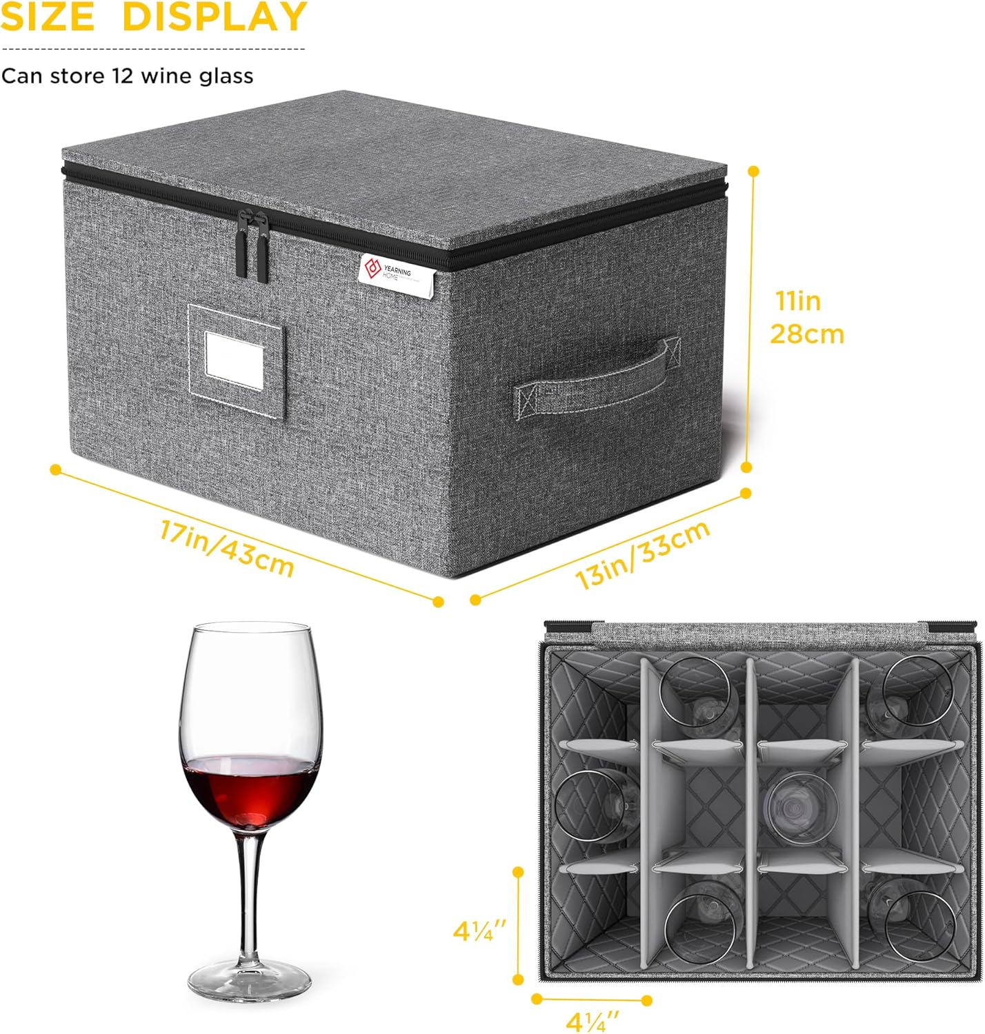 YearningHome Wine Glass Storage Box with Dividers,Hard Shell and Stackable Stemware Storage Containers with Sturdy Handle for Glassware Crystal Storage and Transport,Grey,Holds 12