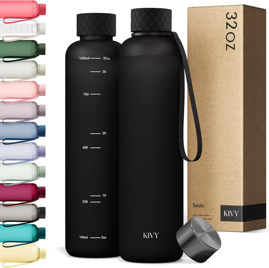 KIVY Slim Water Bottle 32oz [Lightweight & Shatterproof] Fits Backpack & Cupholder for Travel, Sports, School, Gym - Black water bottle no straw - Mens water bottle screw top - Dishwasher Safe