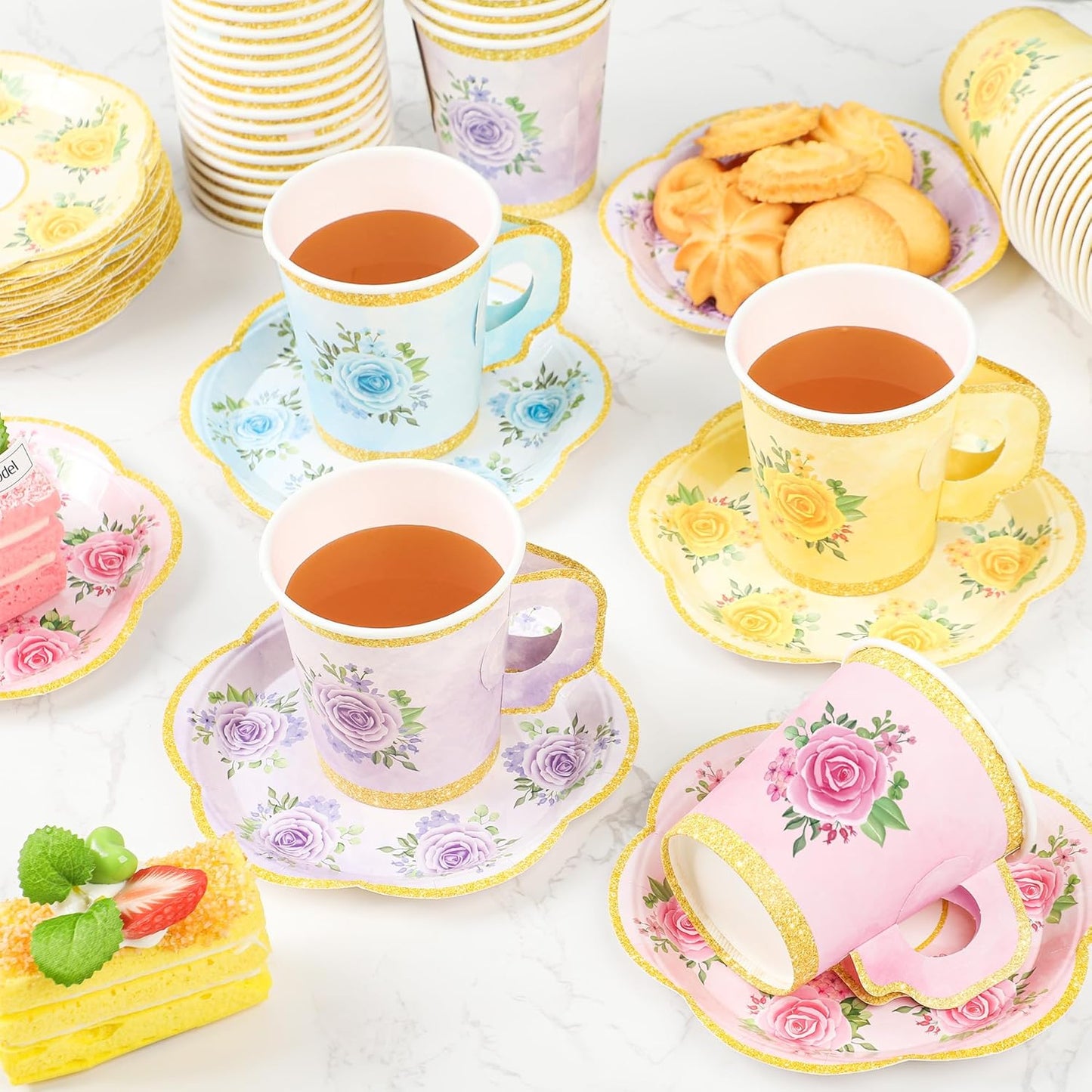 24 Sets Floral Paper Tea Cups and Saucers Disposable Tea Party Supplies Colorful Flower Teacups with Handle and Plates for Hot Cold Drink Wedding Birthday Party Baby Shower