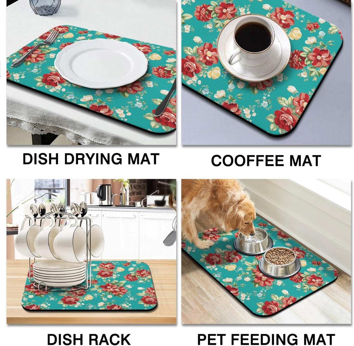 Rubber Dish Drying Mat for Kitchen Counter Large Boho Flowers Washable Quick Home Coffee Pad Fit Under Sink,Bar,Utensils 18x24in