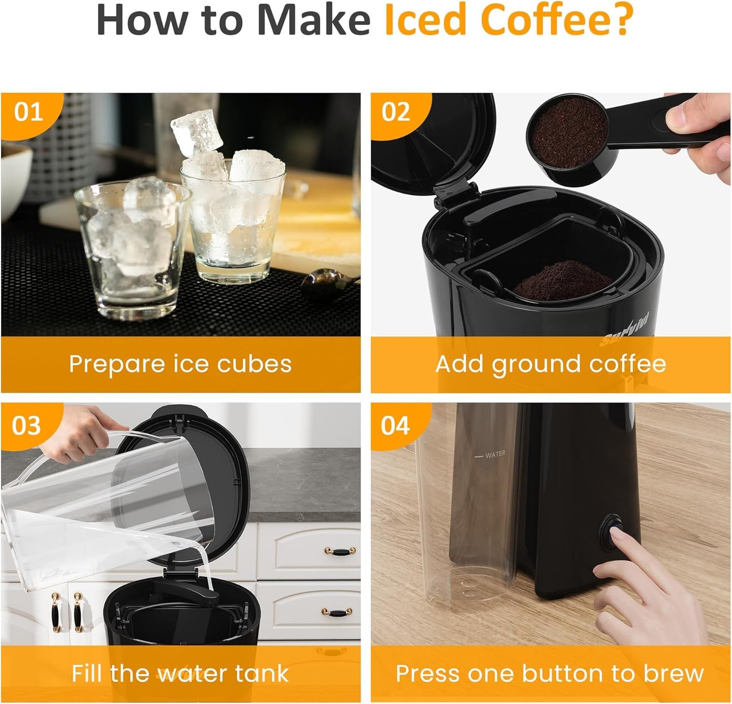 SUNVIVI 20 Oz Iced Coffee Maker for Ground Coffee, Cold Brew Tea Maker with Reusable Coffee Filter and Insulated Pitcher, Single Serve Machine for Home, Strength Control for Flavor, Black