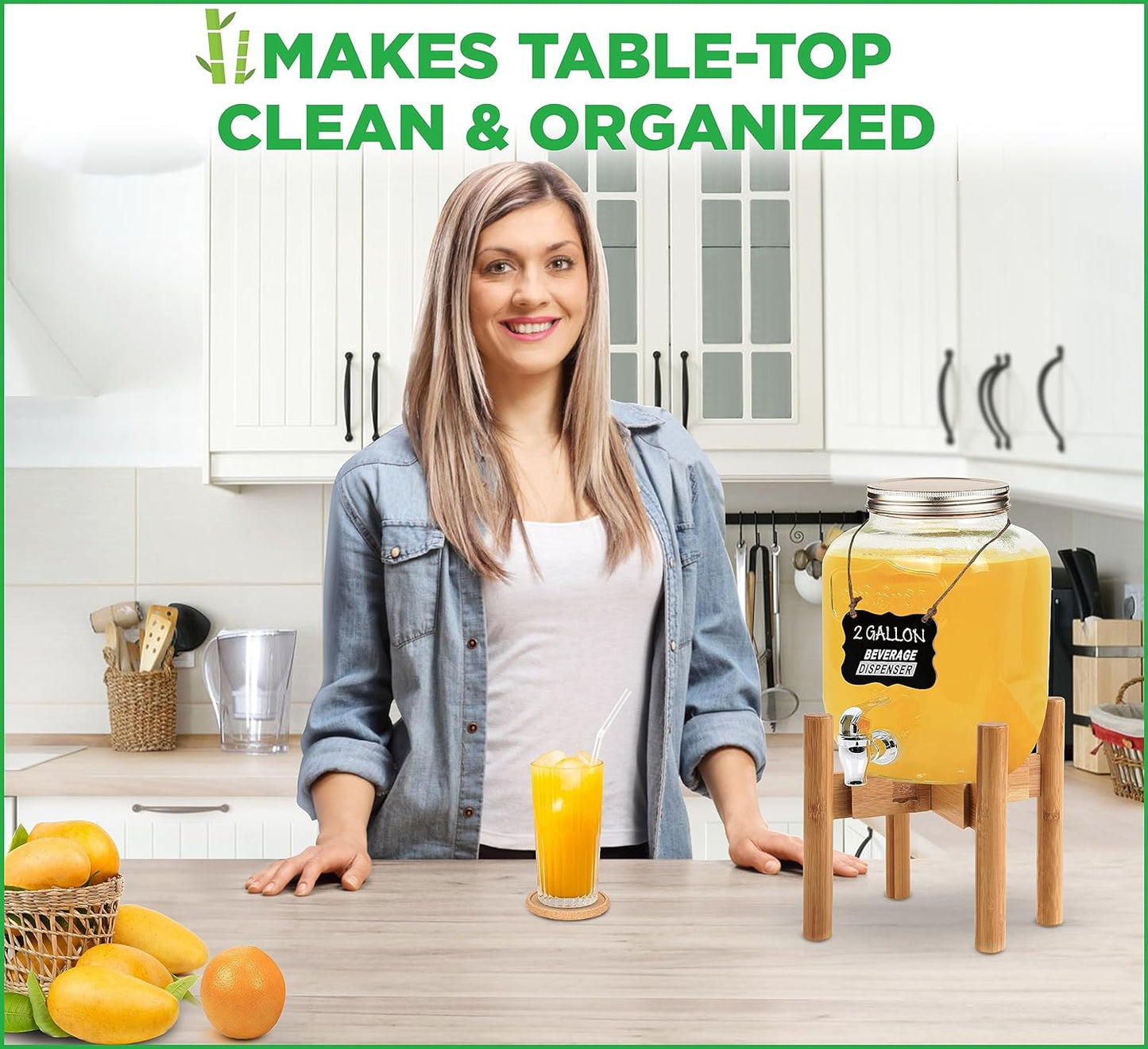 Drink Dispenser Stand - Use to Hold Dispensers for Drinks, Beverages, Lemonades and Juices - Adjustable Sideways, Fits Various Jug Sizes Up to 11.5-inch Wide [1-2 Gallons] - Bamboo Wood