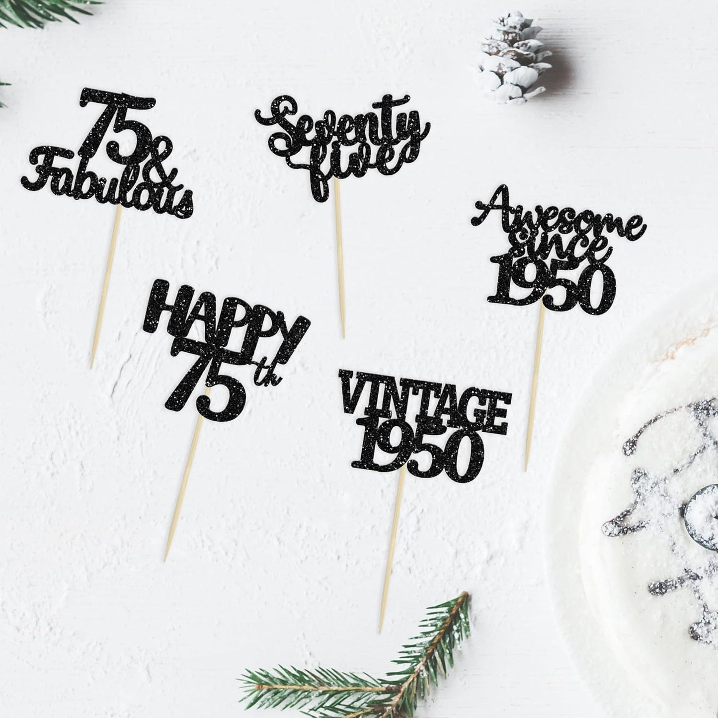 Gyufise 30 Pack black Glitter 75th Birthday Cupcake Toppers Vintage 1950 Cake Toppers Hello 75 Cake Topper Sixty Five 75 & Fabulous Cupcake Picks 75th Birthday Cake Decorations Supplies