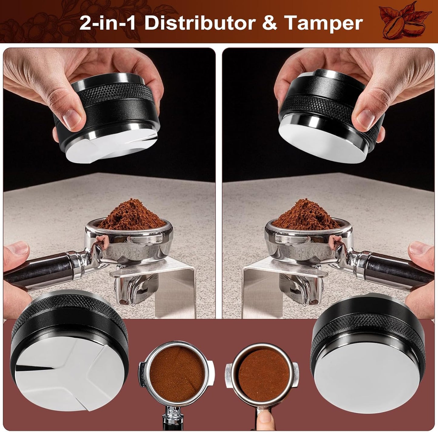 Espresso Accessories Kit 58mm, Coffee Distributor and Tamper Leveler, 316 Stainless WDT Tool with Magnetic Stand, Puck Scree and Dosing Funnel Set Fits Espresso Machine Press and 58mm Portafilters