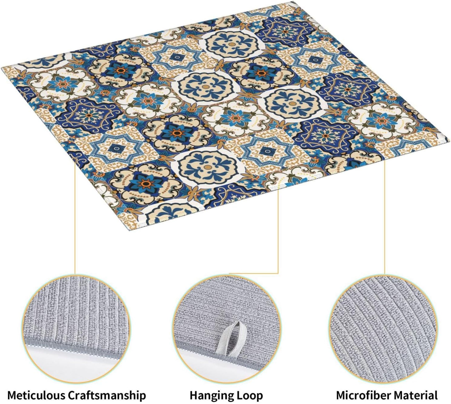 Colorful Moroccan Dish Drying Mat, Highly Absorbent Microfiber Kitchen Counter Pad Reusable Washable, 16*18"