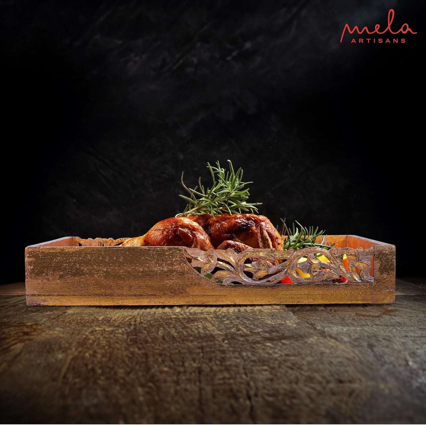 Coffee Table Tray (Distressed Gold) - “Flourish” Wood Serving Tray w/Handles for Breakfast in Bed - Mango Wood Decorative Tray w/Felt Pads - Medium Size Tray - 16” x 12” x 2.5”