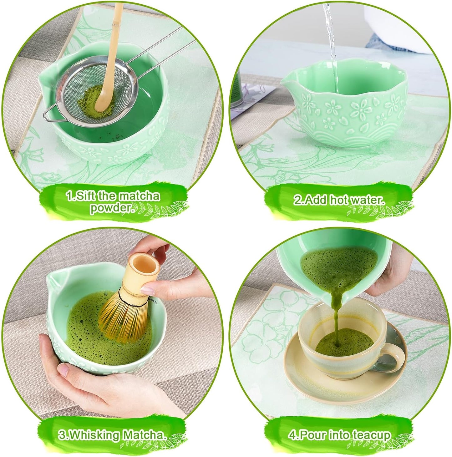 Matcha Whisk Set, Matcha Set 7 Pieces - Ceramic Matcha Bowl with Spout, Bamboo Chasen Whisk & Holder, Scoop, Sifter, Tea Towel - Complete Kit for Matcha Tea Ceremony, Latte, Ideal Gift(Green)