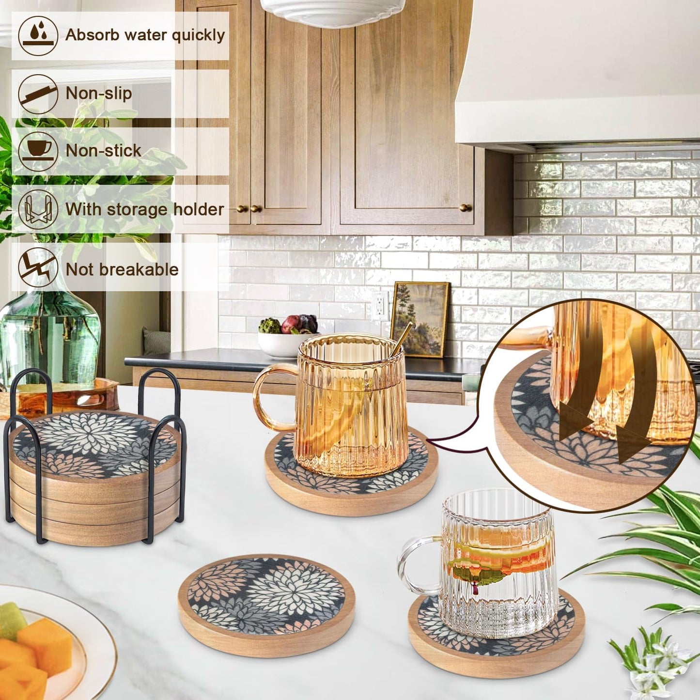 Wood Coasters Set of 6 with Holder, Cewiru Cup Mat for Drinks, Absorbent Coasters with Felt Insert for Coffee Table Protection, Modern Style Home Dining Table Decor, 4.3" Mix Brown