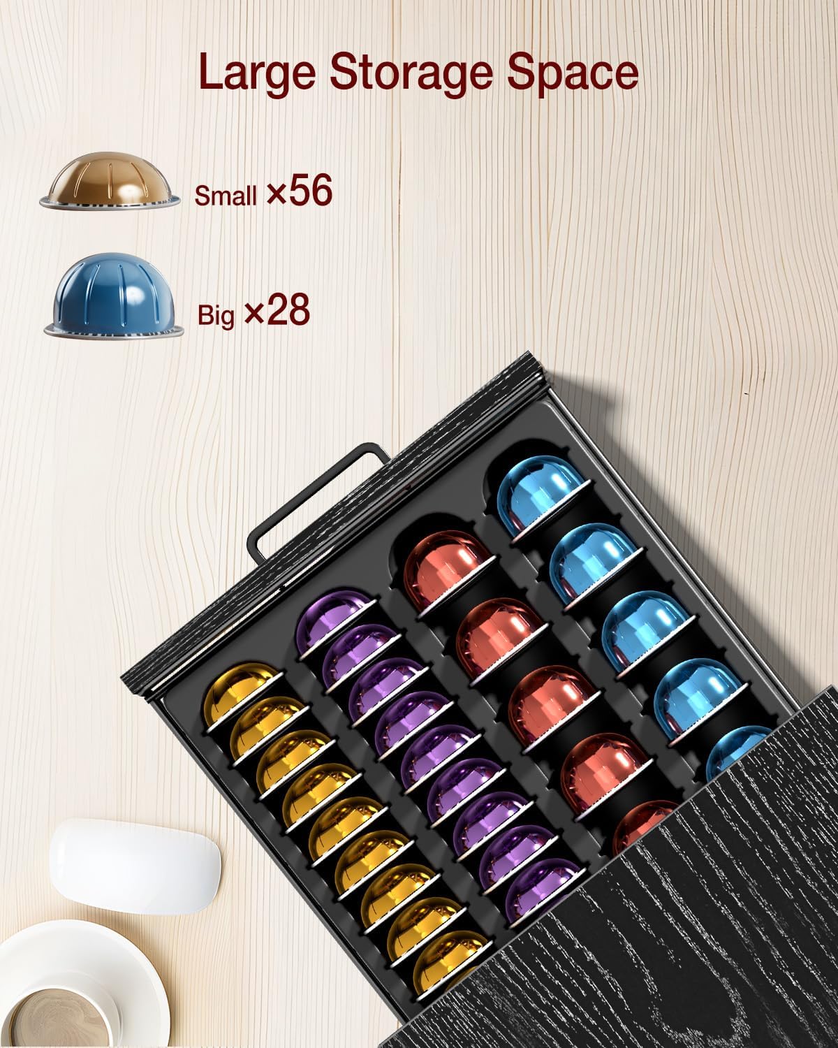 Coffee Pod Holder Compatible with Nespresso, Vertuo Pod Holder for 56 Small or 28 Large, Nespresso Capsule Organizer Drawer Coffee Maker Station with Cup Rack, Black