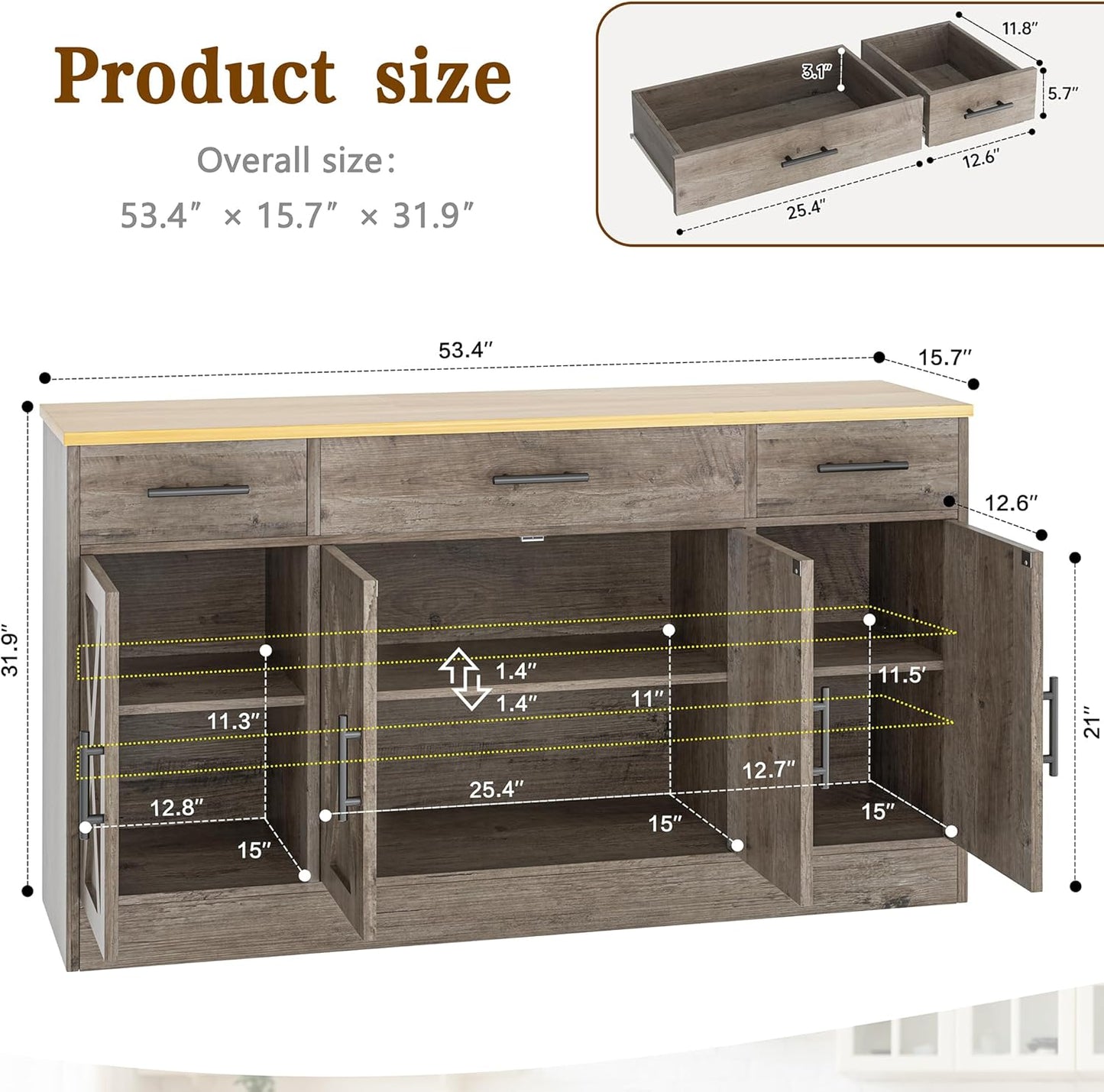 Vongrasig 53" Large Sideboard Buffet Cabinet With 4 Doors and 3 Drawers, Farmhouse Coffee Bar Kitchen Storage Cabinet, Wood Table for Kitchen, Dining Room, Ash Grey