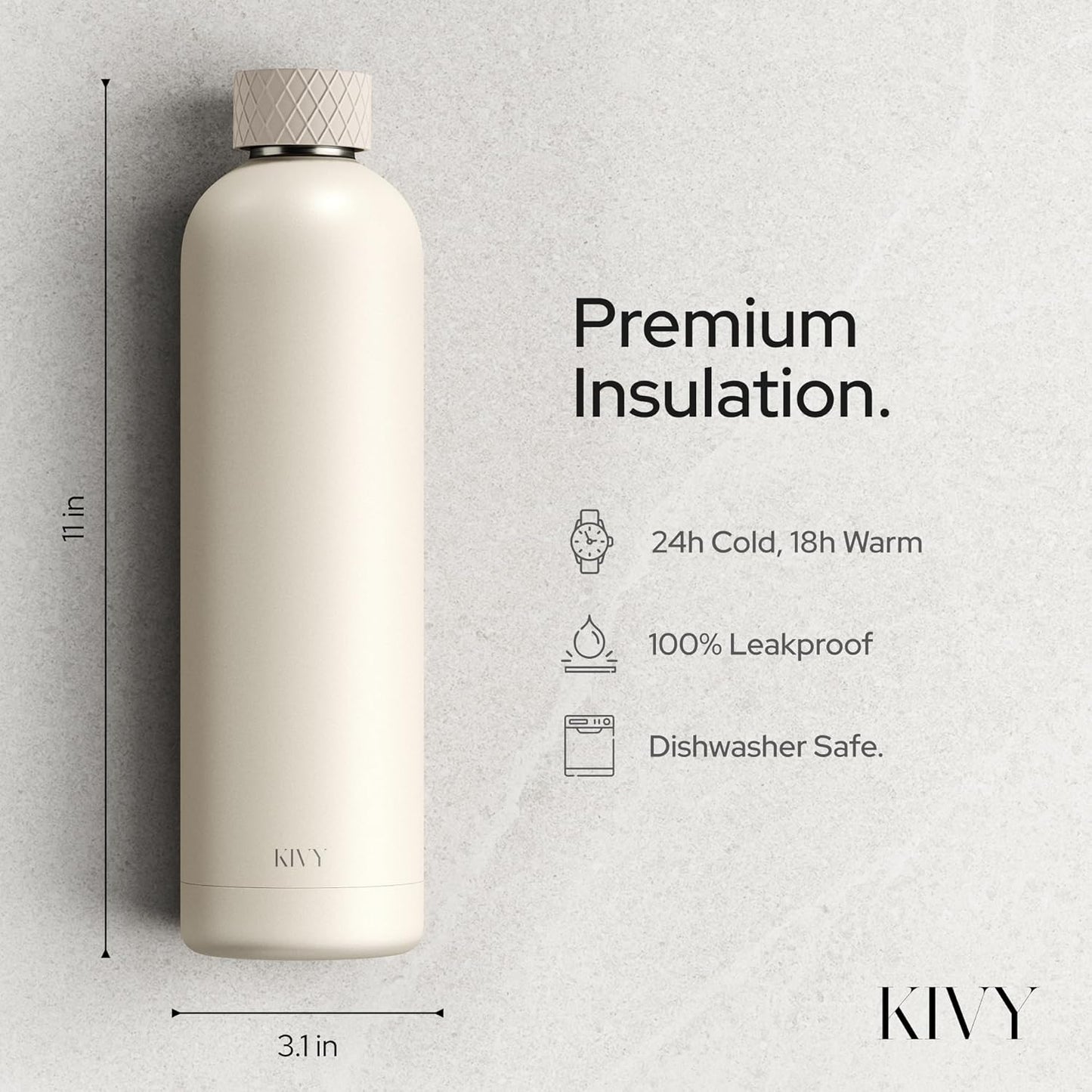 KIVY Insulated Water Bottle 32oz [LEAK PROOF] - Insulated Stainless Steel Water Bottle - Stainless Steel Drinking Water Bottle - Thermo Flask Drinking Bottle - BPA Free Water Bottle
