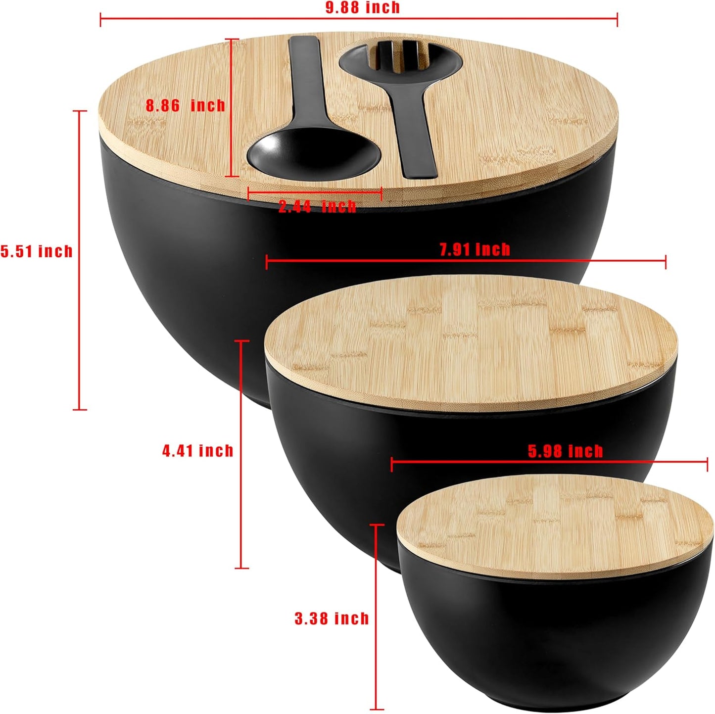 Large Salad Bowls with Bamboo Lids Set of 3, Mixing Nesting Bowls Round Serving Bowls with Servers for Salads, Kitchen Eating, Pastas, Popcorn, Chips, Trifle, Fruit, Food Prepare (Black,10",8",6" )