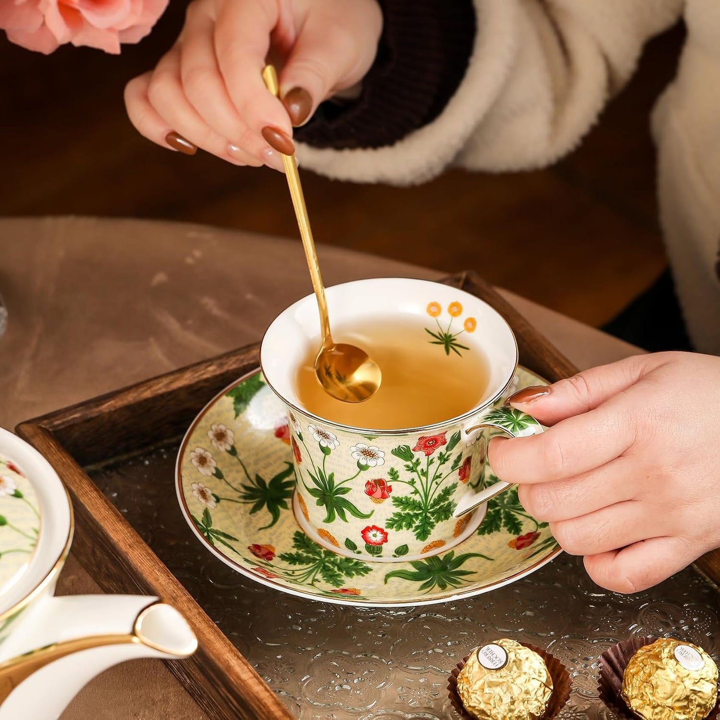 ACMLIFE Tea Set for Adults- Fine China Tea Set for 6, 21-Piece Vintage Coffee Set English Porcelain Tea Pot Sets for Adult Tea Party for Women Gift (Yellow ZF, Extra Large 21)