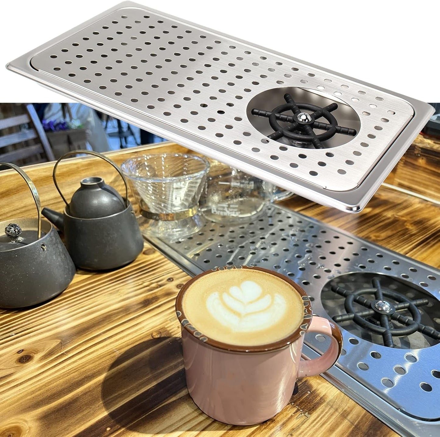 DIBTSA Glass Rinser, Stainless Steel Espresso Cup Pitcher Rinser Sink with Spray,Drain and Drip Tray, Silver Middle Size 16.65 x 8.81 x 1.1 inches