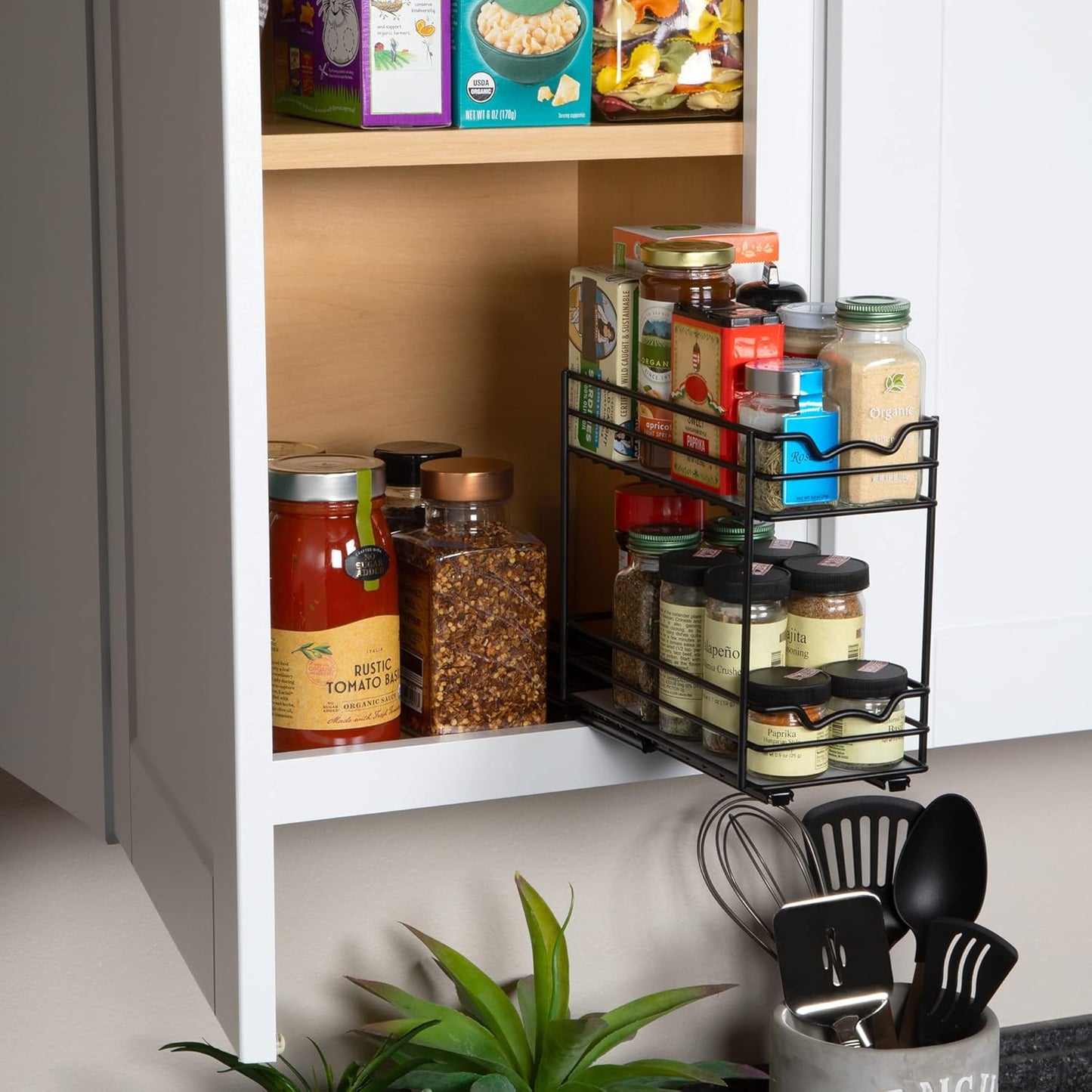 Pull Out Cabinet Organizer for Spices, Cans - Heavy Duty with Lifetime Limited Warranty- Pull Out Spice Rack- Cabinet Pull Out Shelf for Cans,Dishes, Etc, 4-1/2"Wx10-3/8"Dx8-7/8"H, Black
