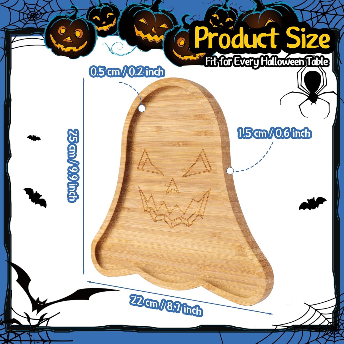 TJ POP Halloween Ghost Serving Tray - Spooky Ghost Shaped Bamboo Serving Platter, Festive Wooden Charcuterie Board, Snack Cheese Dish Plate for Candy, Treats, Drinks & Holiday Party Decor (10" x 9")