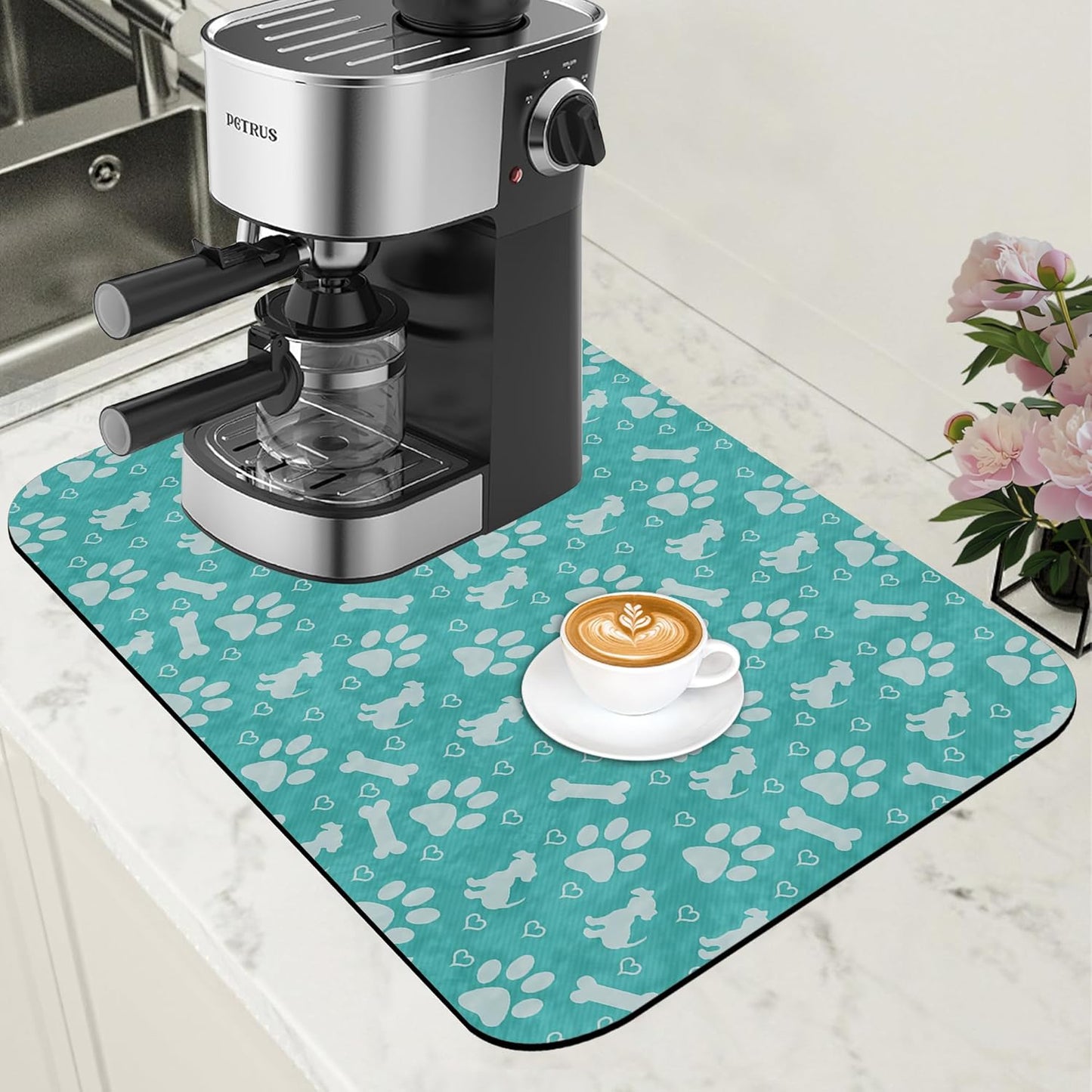 Dish Drying Mat Dog Paws and Bones Coffee Bar Mat for Countertop Absorbent Rubber Backed Hide Stain Dish Drainer Rack Pad Espresso Machine Coffee Pot Dining Room Decoration 11.8 x 19.7 Inch