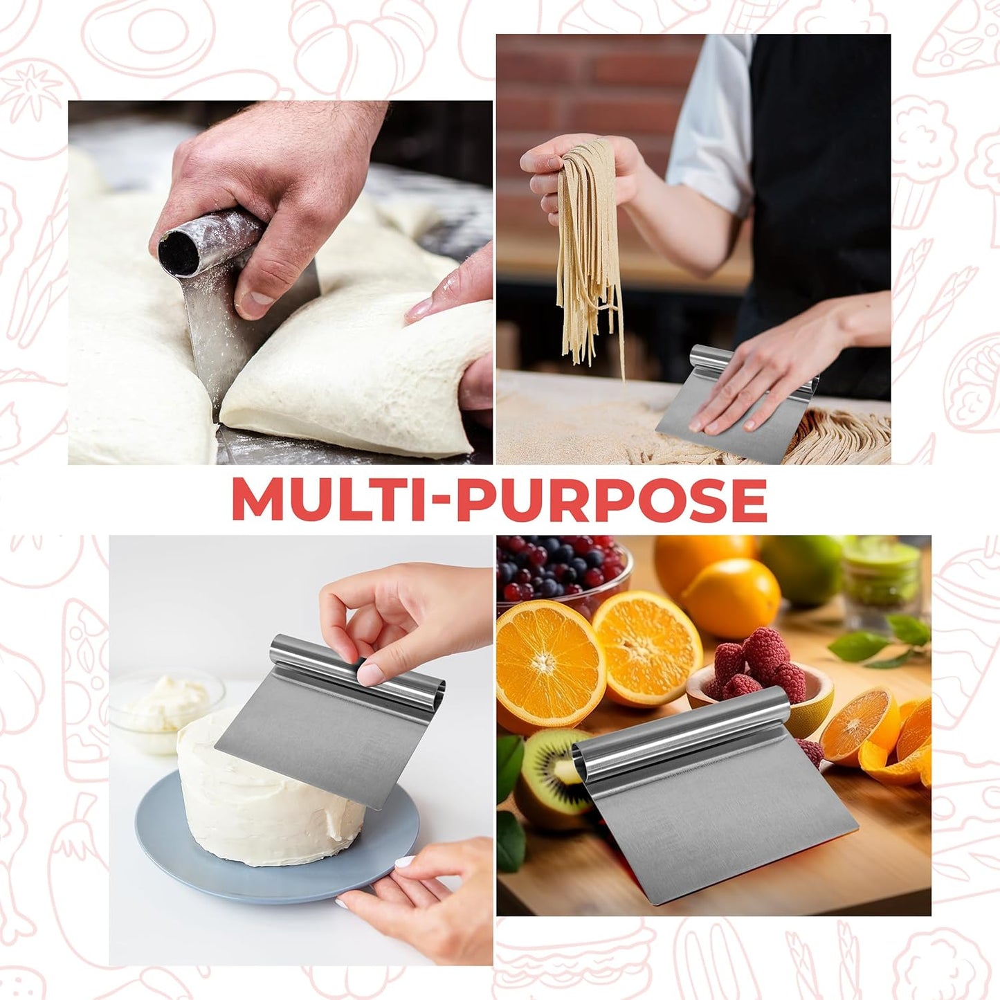 Bench Scraper for Baking, Food Scraper Stainless Steel Blade Dough Cutter with Engraved Measuring Guide & Equivalent Chart, Scraper Tool kitchen Use for Scrapping, Cutting, Chopping, 2 Pack -by RamPro