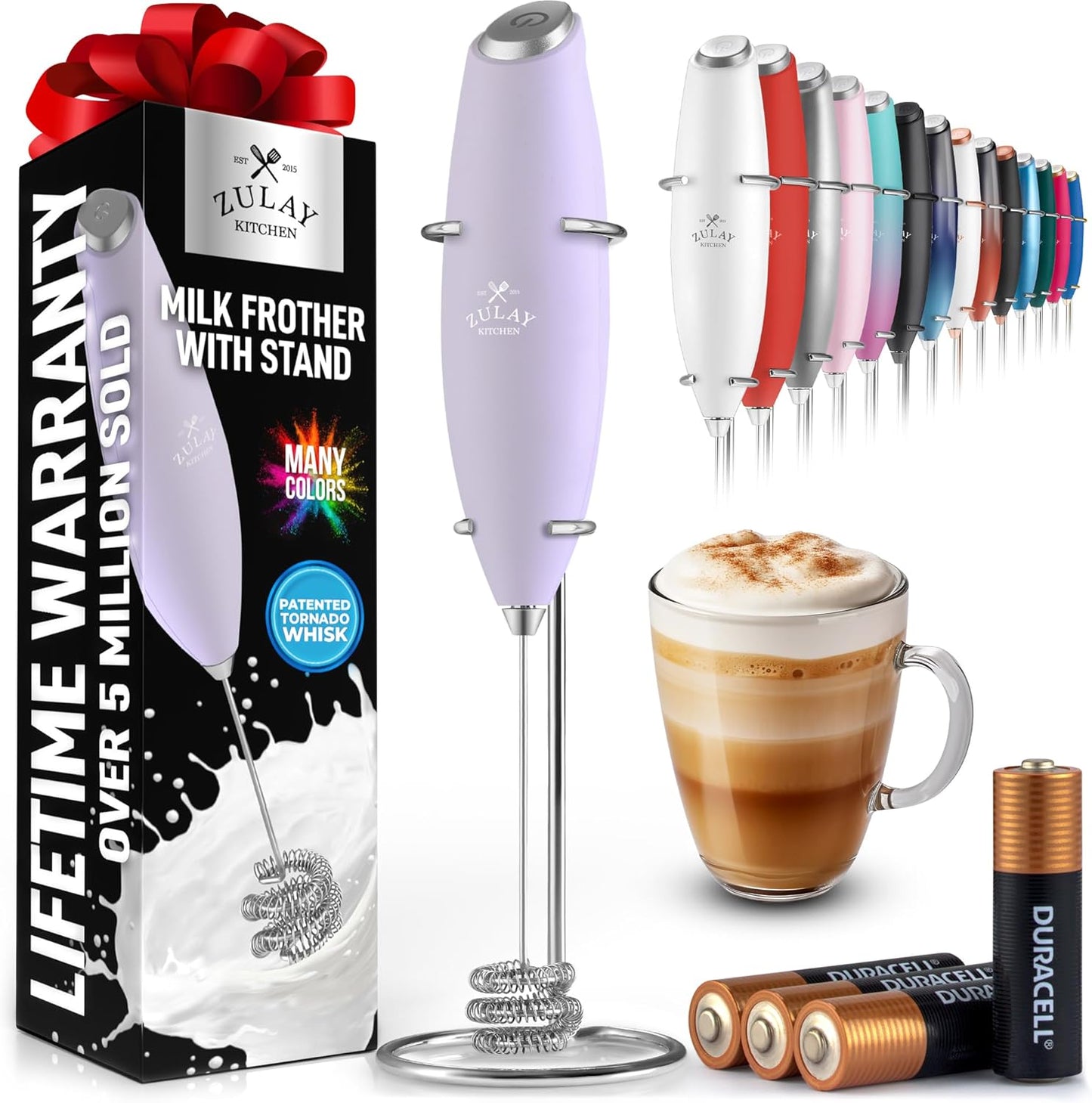 Zulay Kitchen Patented Tornado Triple Whisk Milk Frother with 4 Duracell Batteries – Handheld Foam Maker for Coffee, Lattes, Matcha & Hot Chocolate – Rich, Creamy Froth in Seconds