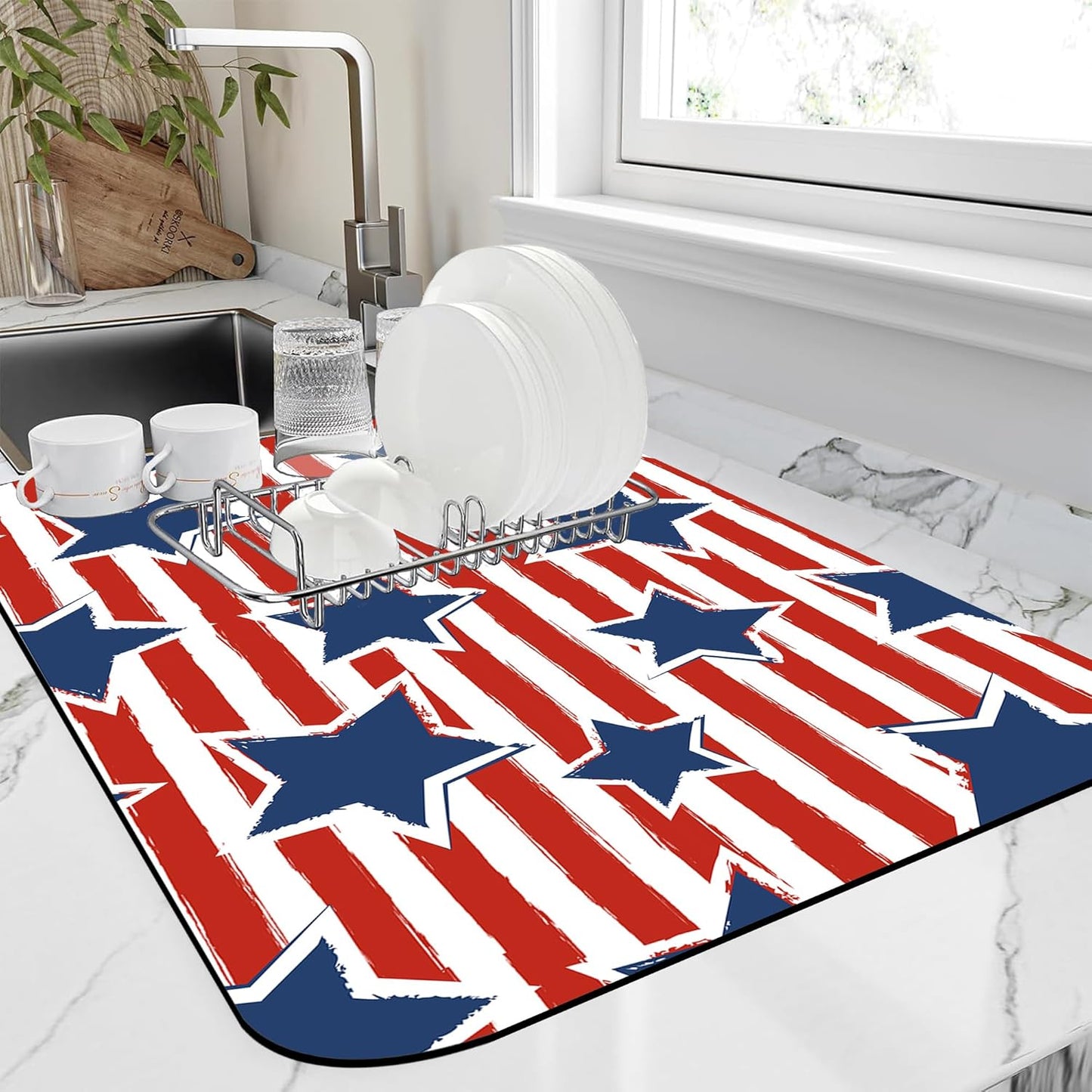Dish Drying Mat Watercolor Blue Star Red Stripes Kitchen Mat 12"x19" Bsorbent Coffee Maker Mat for Dishes,Utensils Coffee Maker Pots and Pans Easy Clean Dish Slip Resistant Pad