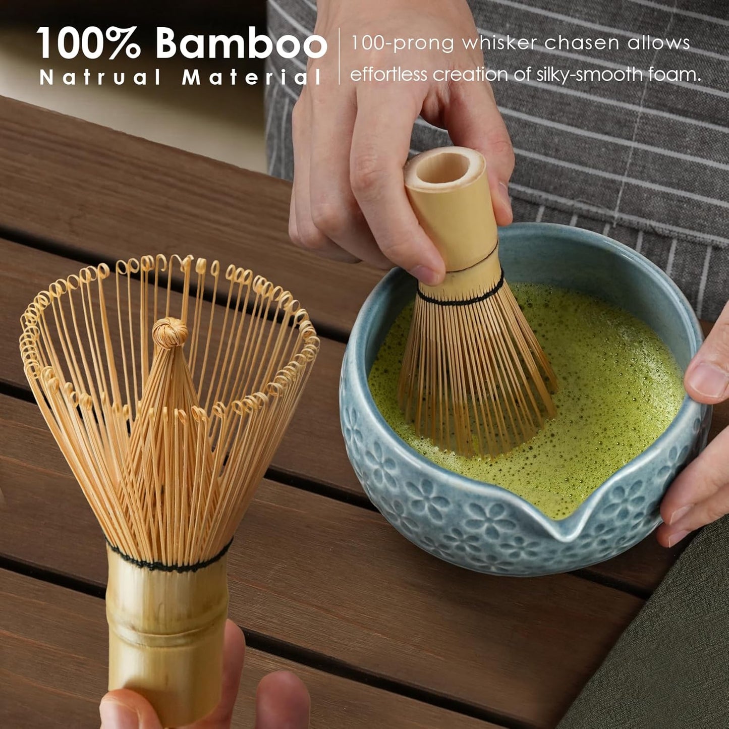 7Pcs Matcha Whisk Set, Ceramic Matcha Bowl with Spout,Bamboo Whisk and Holder, Bamboo Scoop,Scoop Rest,Sifter and Tea Towel,Matcha Kit w/Cherry Blossom Carved Pattern (Blue)