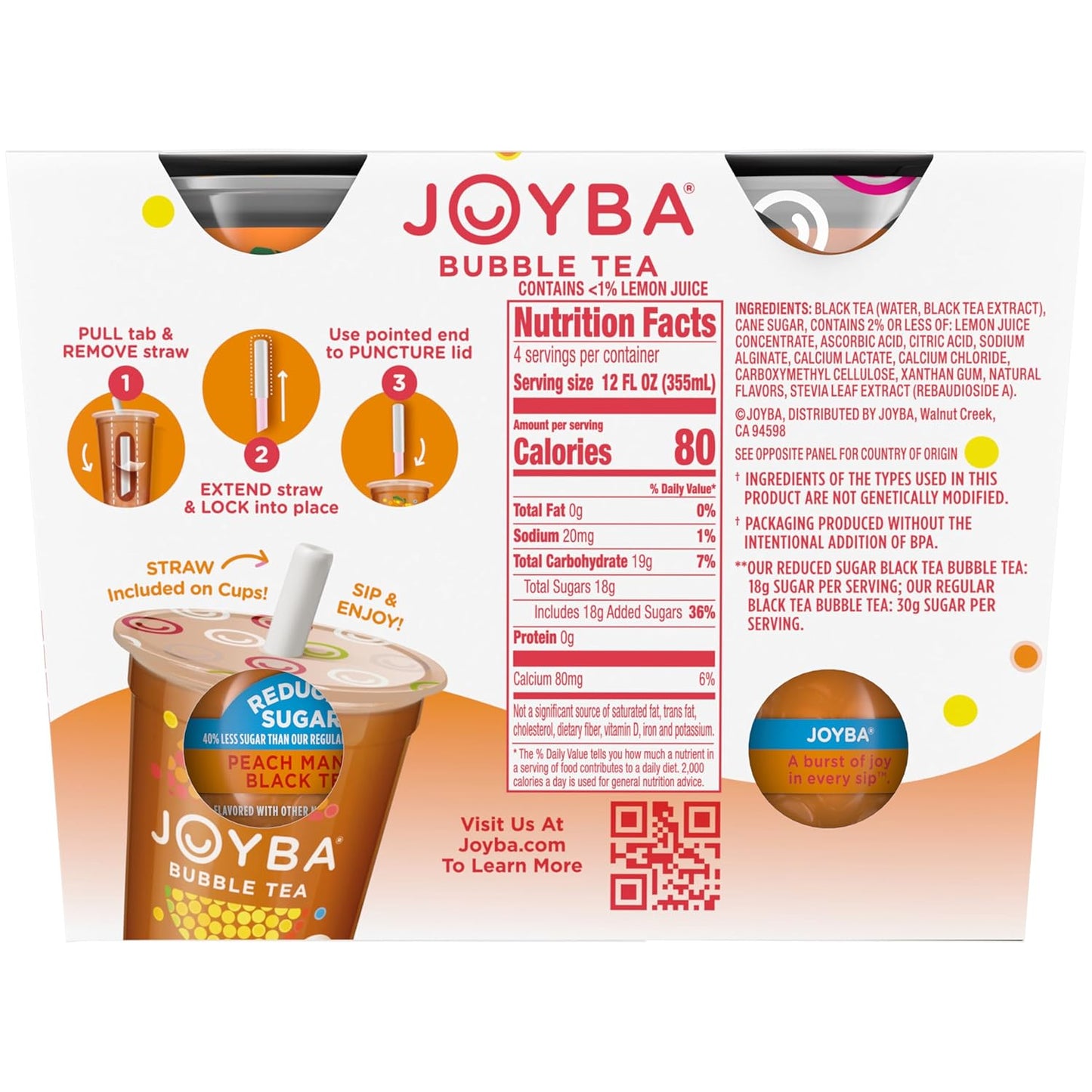 Joyba Reduced Sugar Peach Mango Black Tea Bubble Tea, 4 Pack, 12 fl. oz. Cups