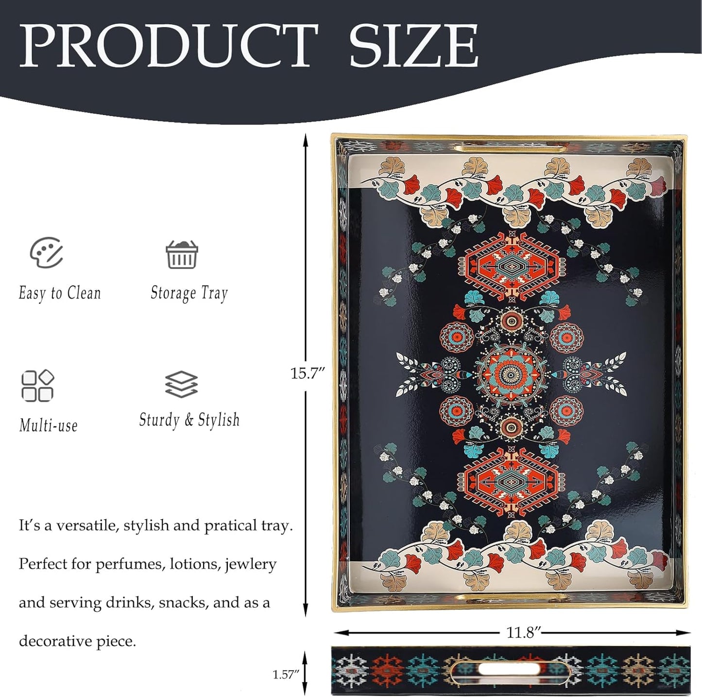 Spsyrine Serving Tray with Handles, Plastic Decorative Tray for Coffee Table, Living Room, Home Decor, 3040M