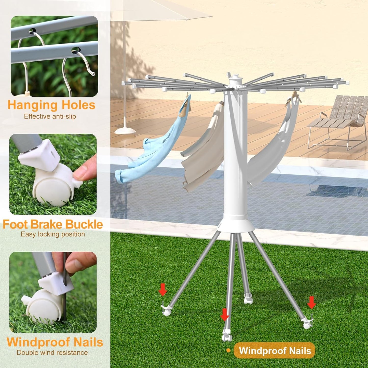 Four-Legged Clothes Drying Rack, Portable and Foldable Space Saving Laundry Drying Rack, Outdoor Folding Dry Rack with 4 Pulleys & 16 Poles, Collapsible Aluminum Indoor Dry Rack for Balcony, Poolside