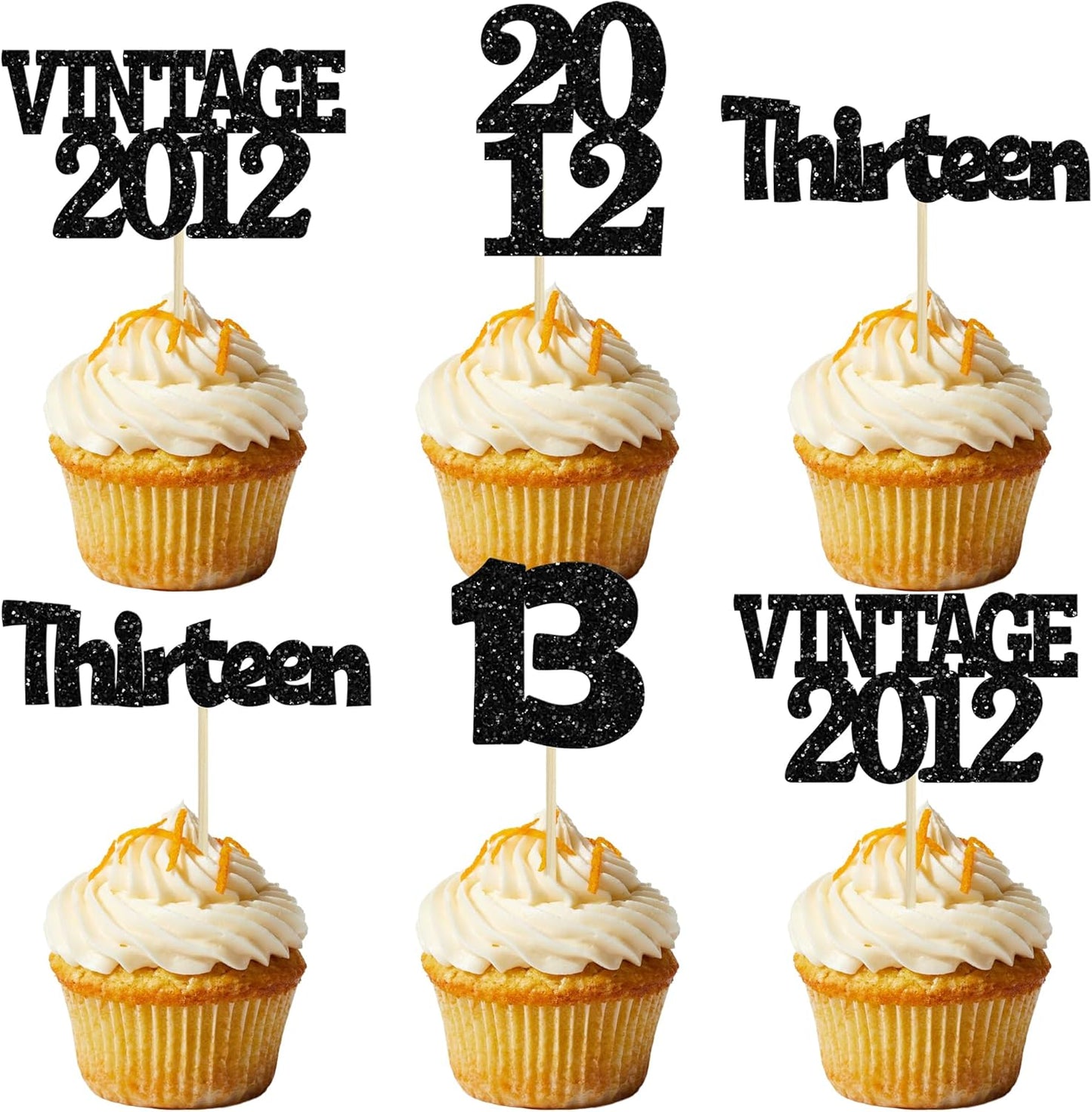 Gyufise 24Pcs 13th Birthday Cupcake Toppers Glitter Thirteen Vintage 2012 Official Teenager 13 Cupcake Picks 13 Years Birthday Cake Decorations for Happy 13th Anniversary Party Supplies Black
