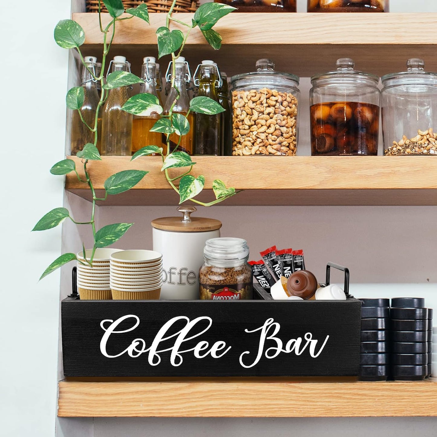 Coffee Station Organizer Wooden Coffee Bar Holder Accessories for Countertop, Farmhouse Kcup Pod Storage Basket with Handle - Black